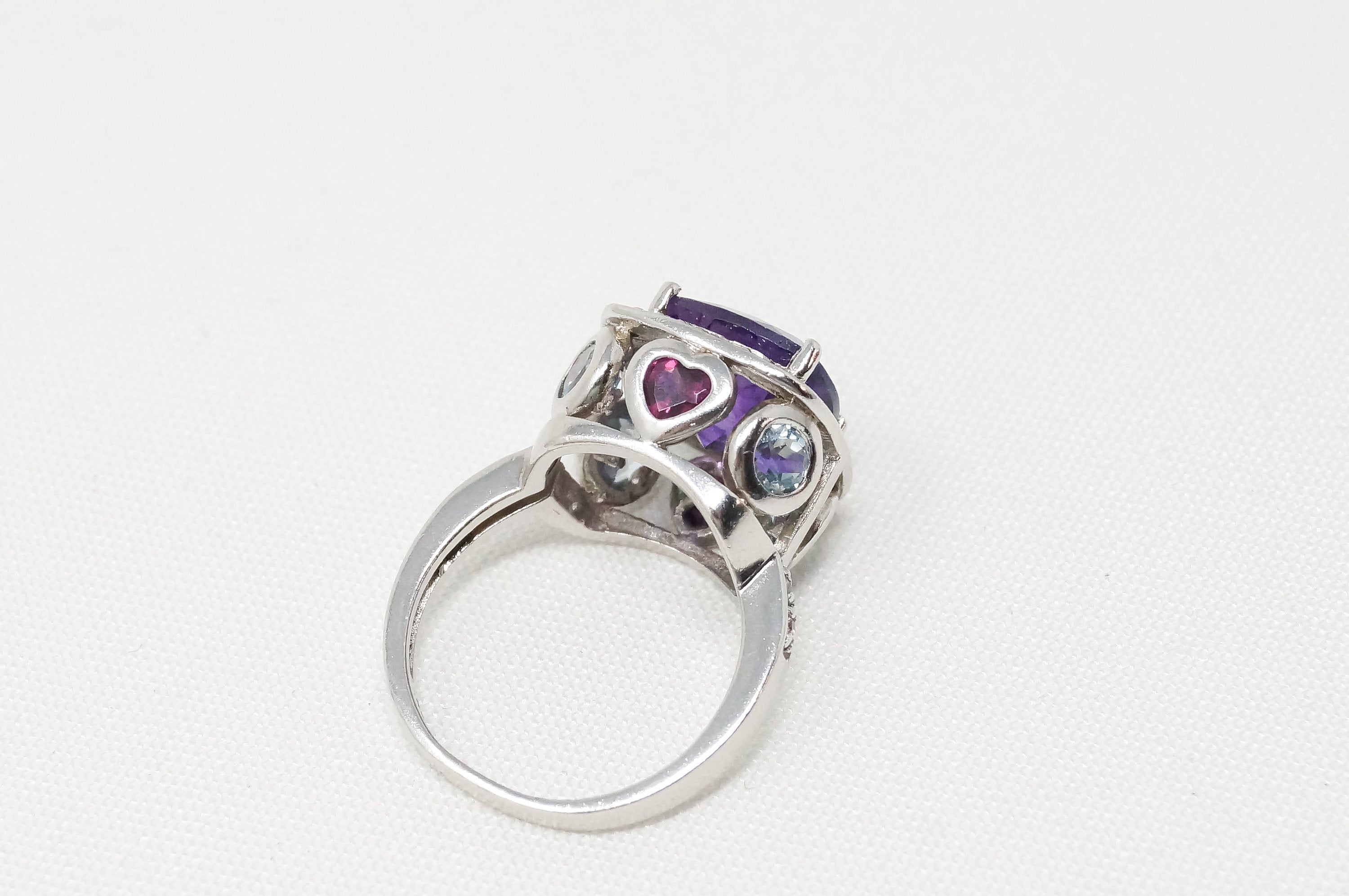 Vintage Amethyst Pink Sapphire Heart Blue Topaz CZ Sterling Silver Ring Sz 6.75