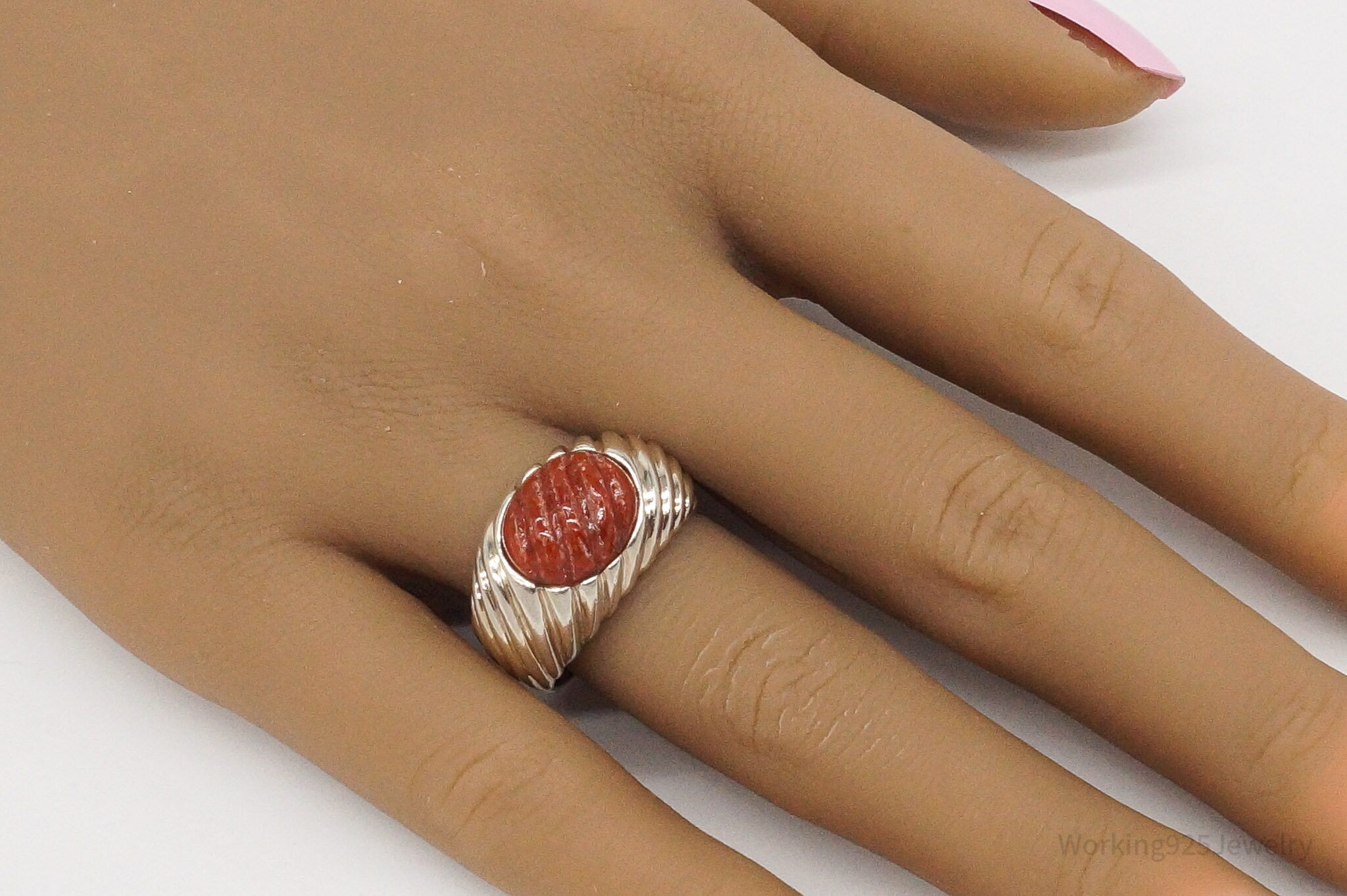 Vintage Designer Ross Simons Red Jade Sterling Silver Ring - Size 8