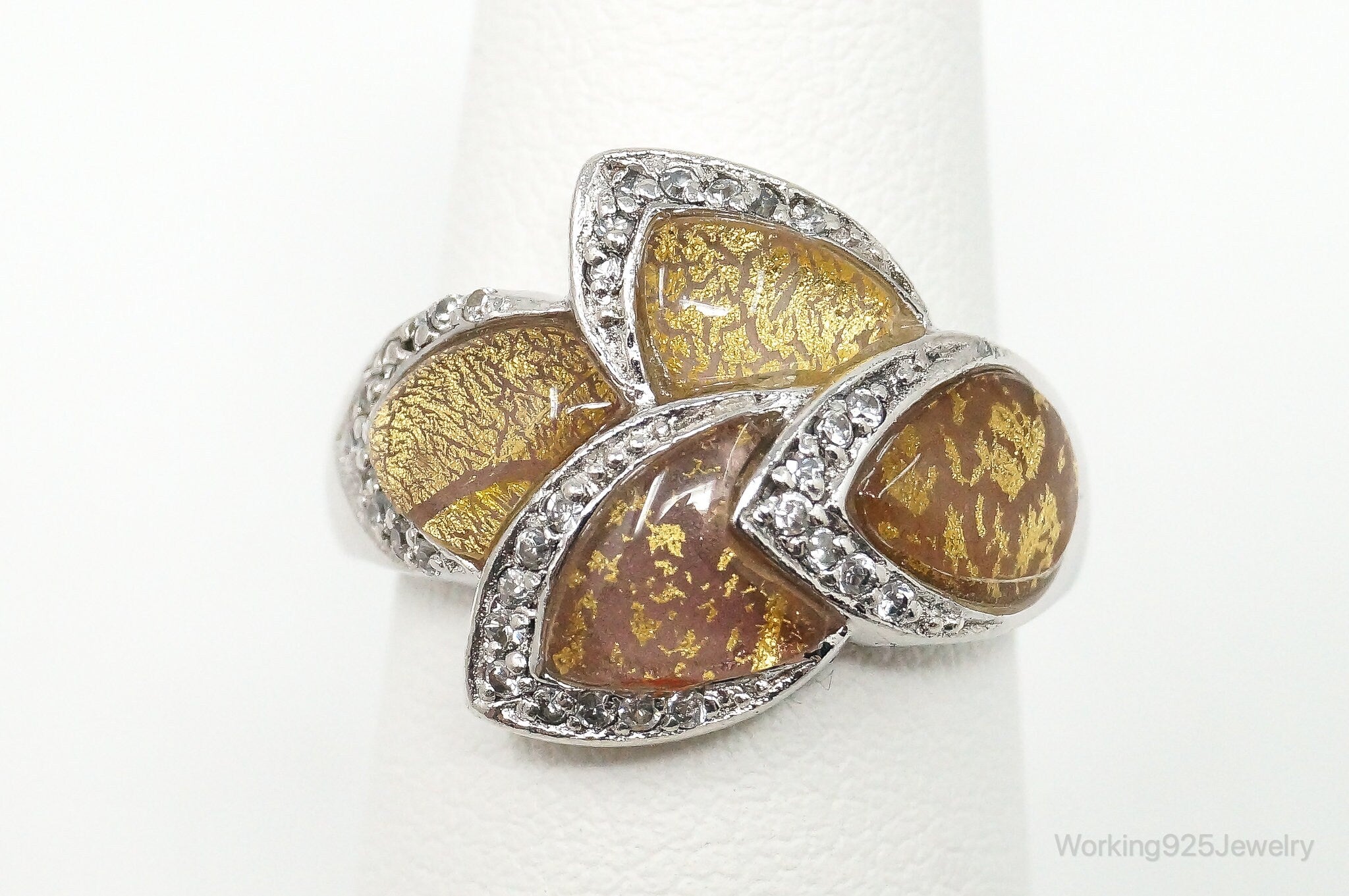 Cubic Zirconia Golden Foil Sterling Silver Ring - Size 5.25