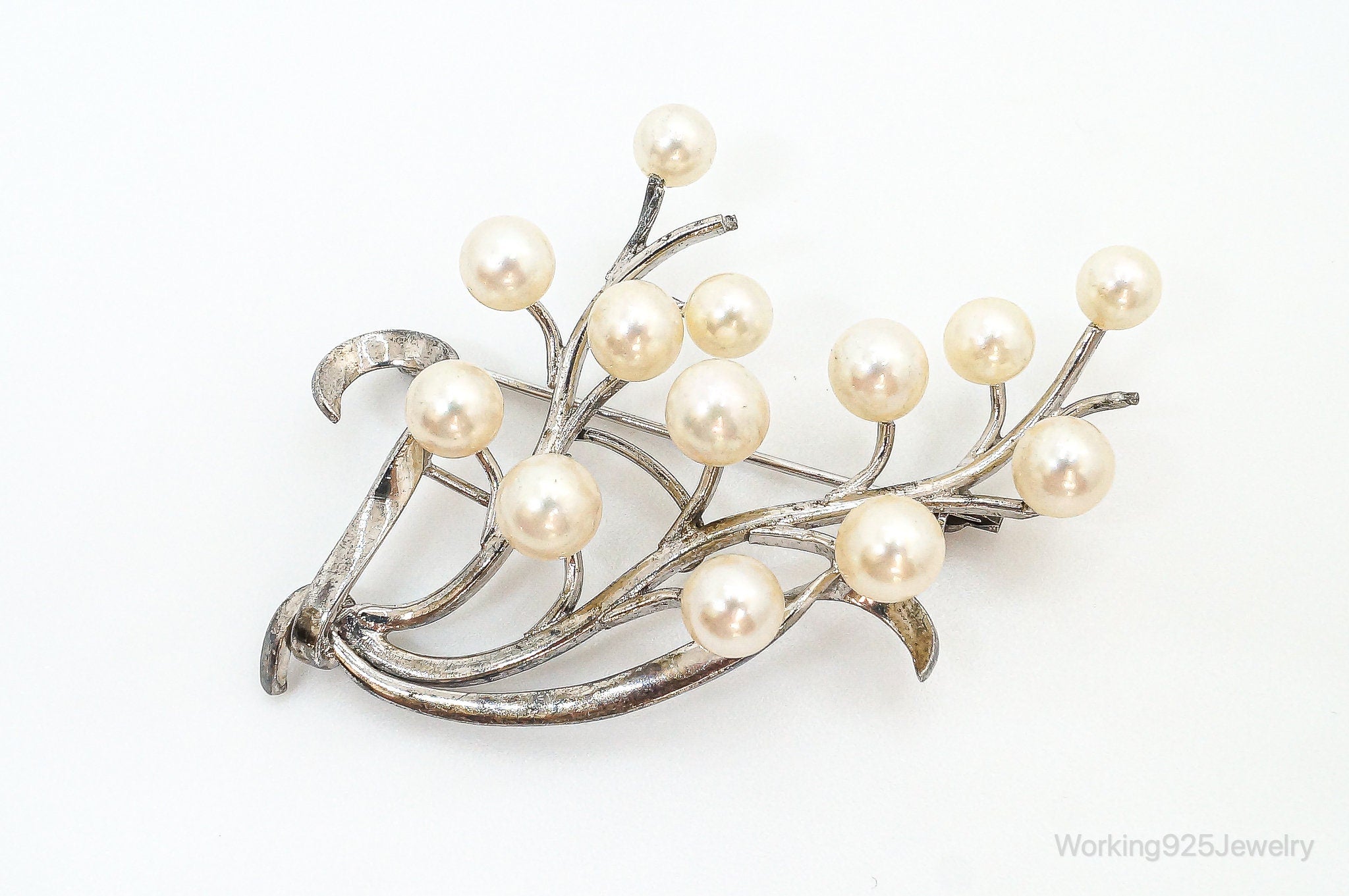 Large Antique Faux Pearl Sterling Silver Brooch Pin