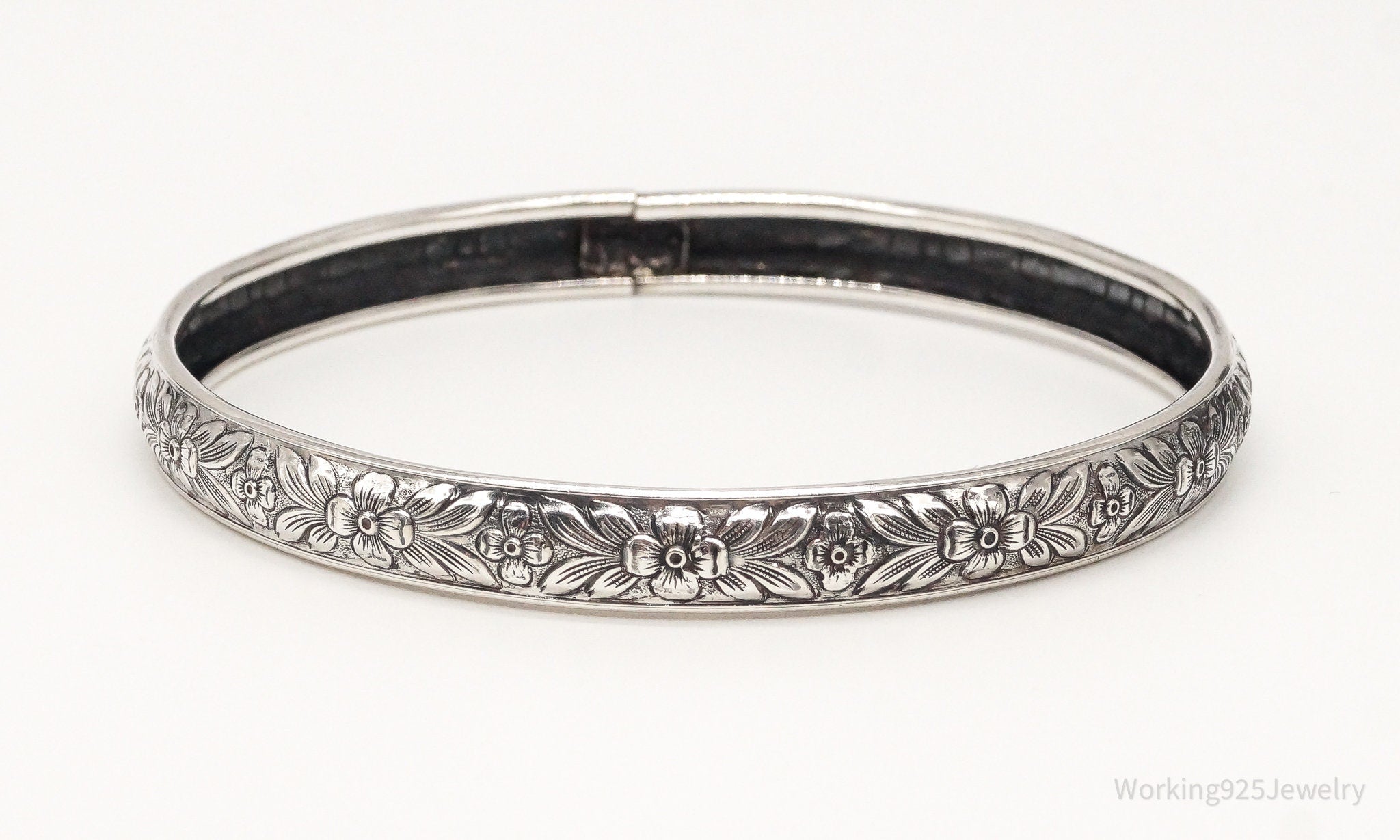 Antique Designer Lang Sterling Silver Floral Bangle Bracelet