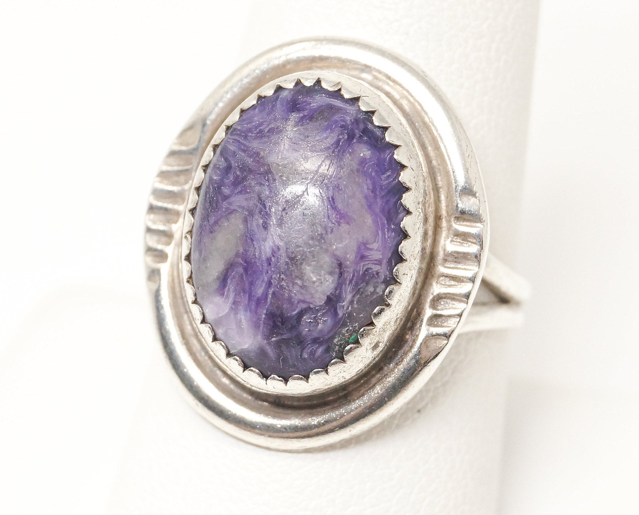 Rare Vintage Native American Signed CT Charoite Sterling Silver Ring - Sz 9.25