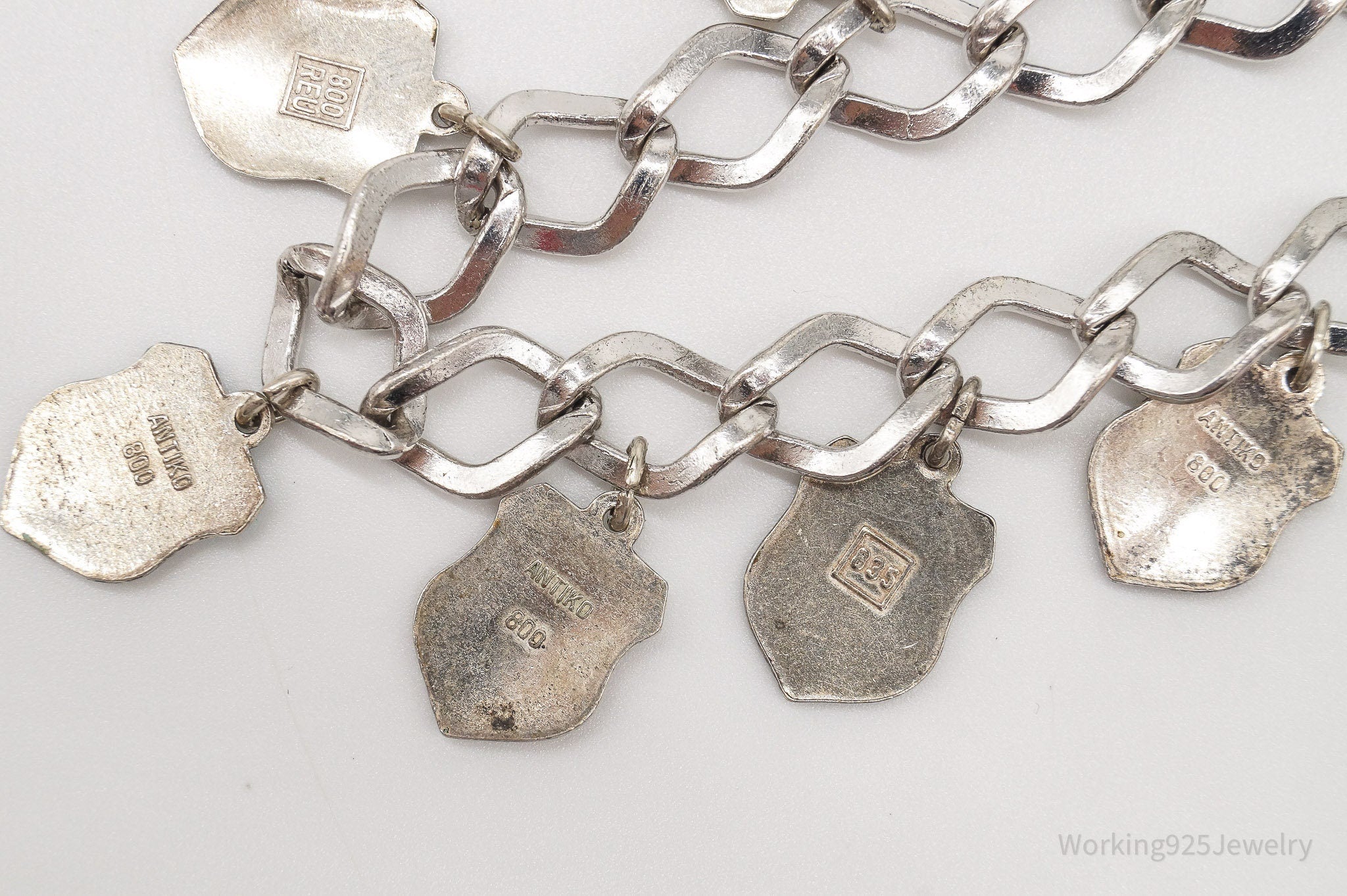 Antique Vintage Enamel Travel 800 / 835 Silver Shield Charms Silver Bracelet