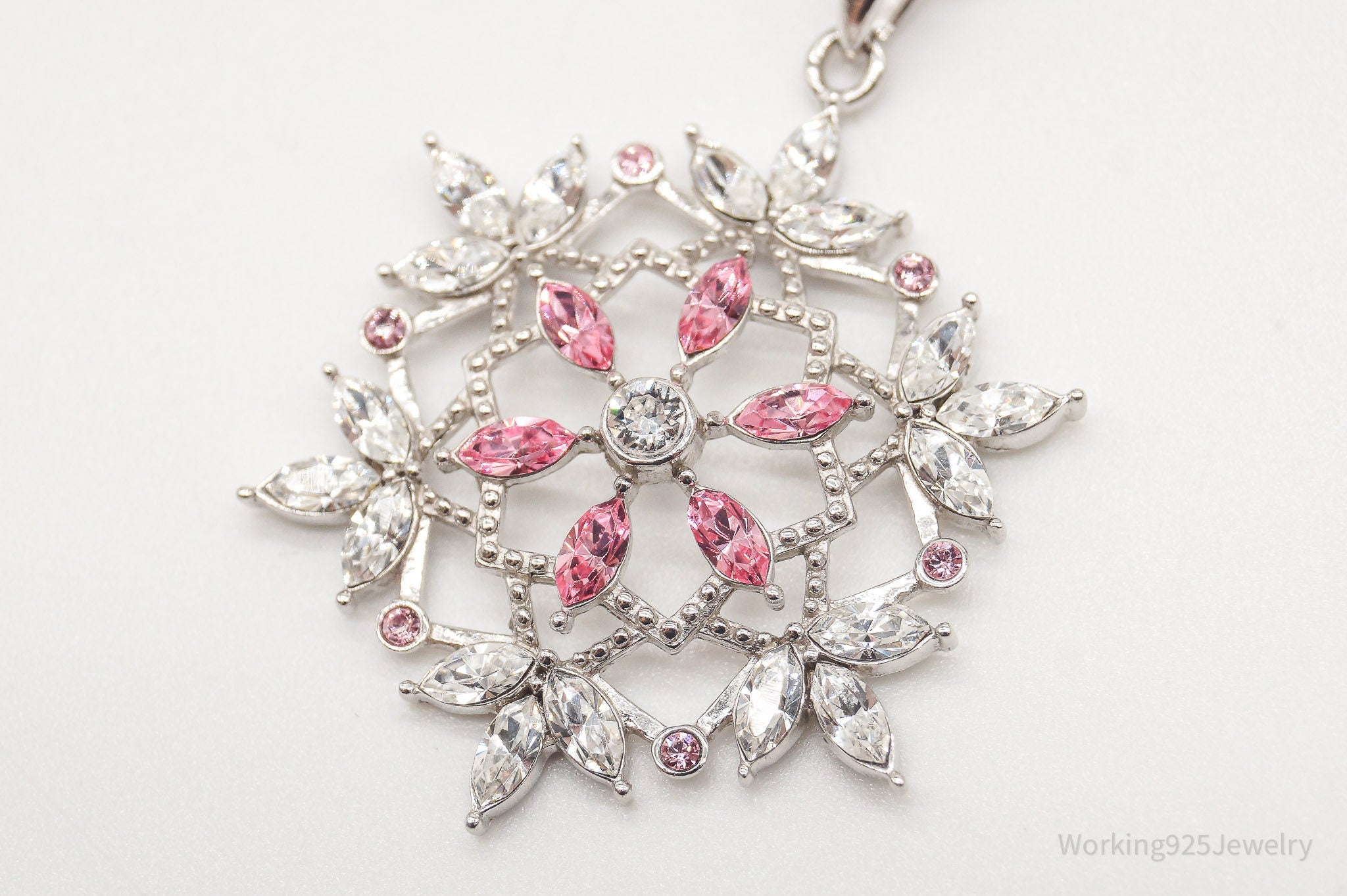 Vintage Designer RL Pink & White Crystal Snowflake Sterling Silver Necklace