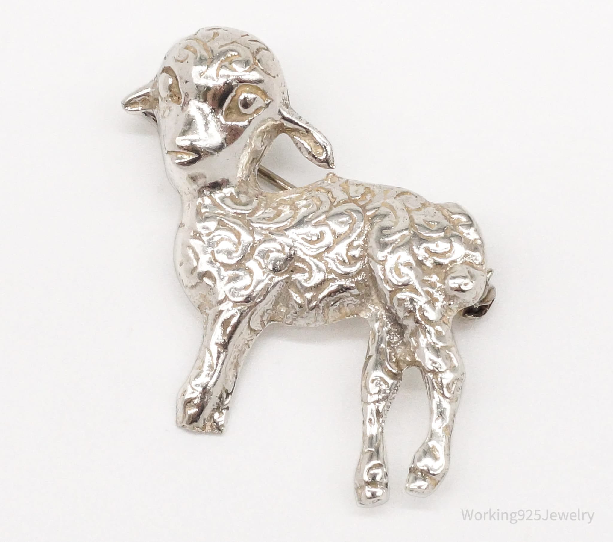 Antique Lamb Sheep Sterling Silver Brooch Pin