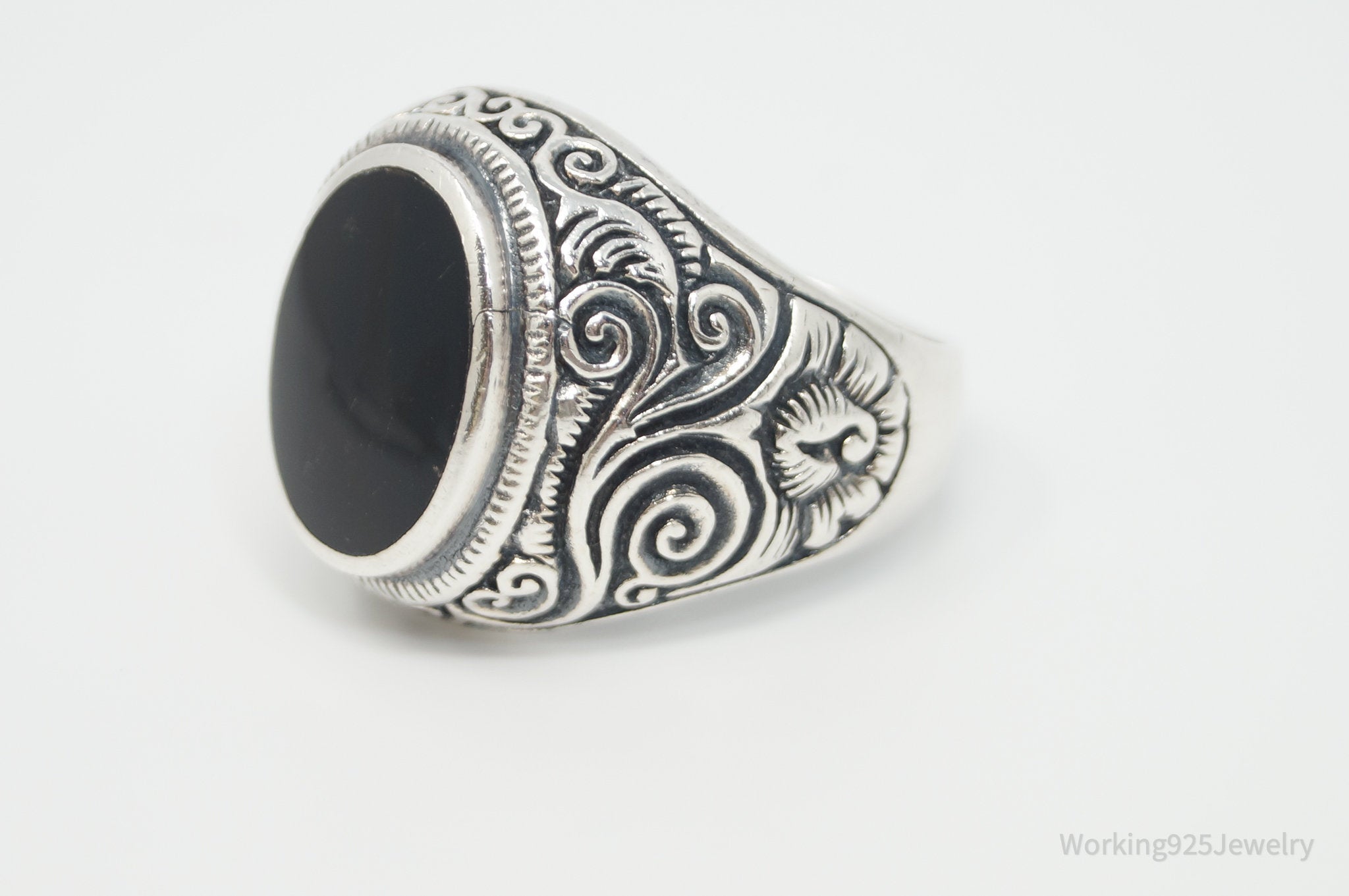 Large Vintage Black Onyx Etched Scroll Sterling Silver Ring - Sz 12