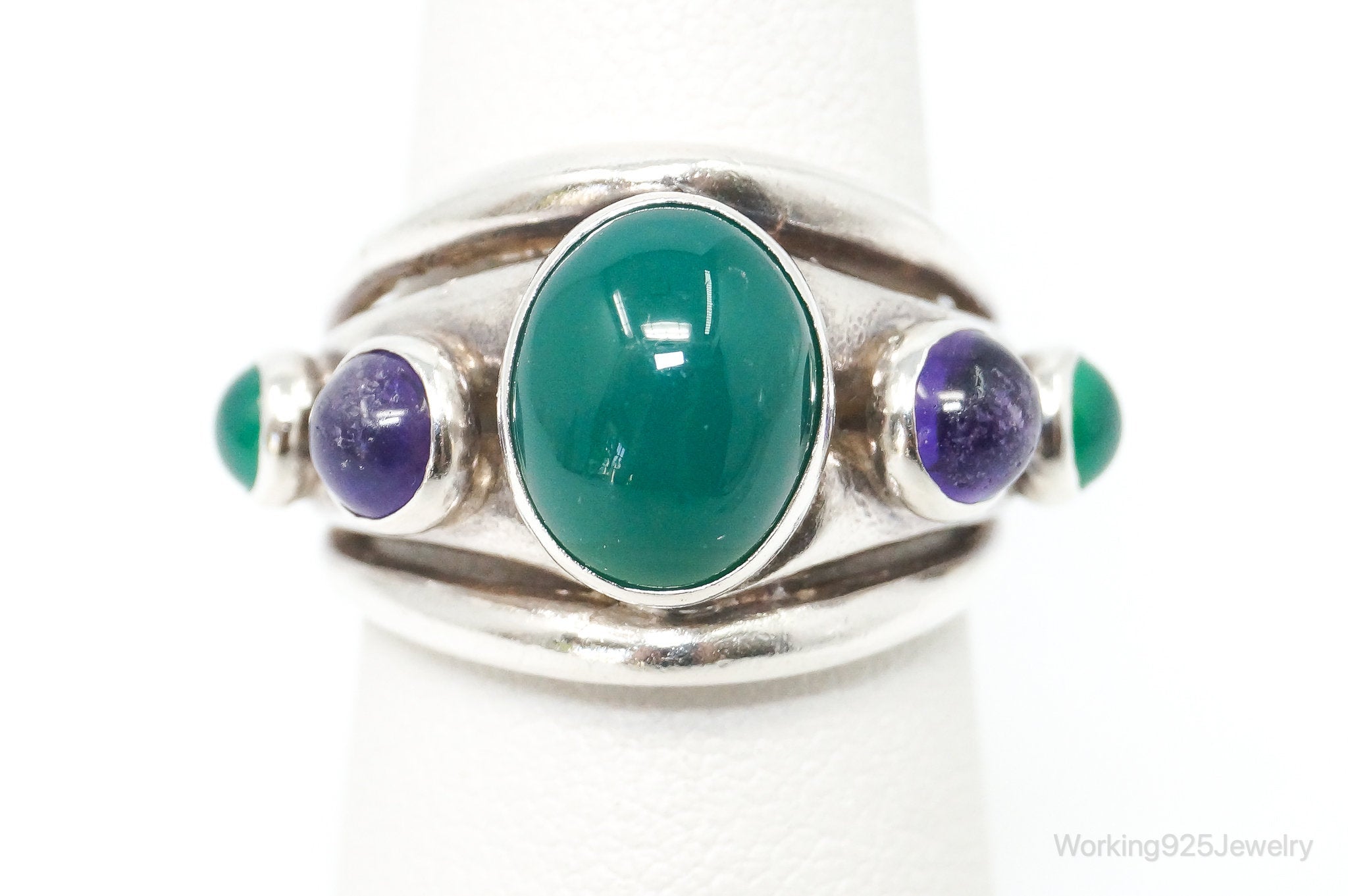 Vintage Green Onyx Amethyst Sterling Silver Ring - Size 6