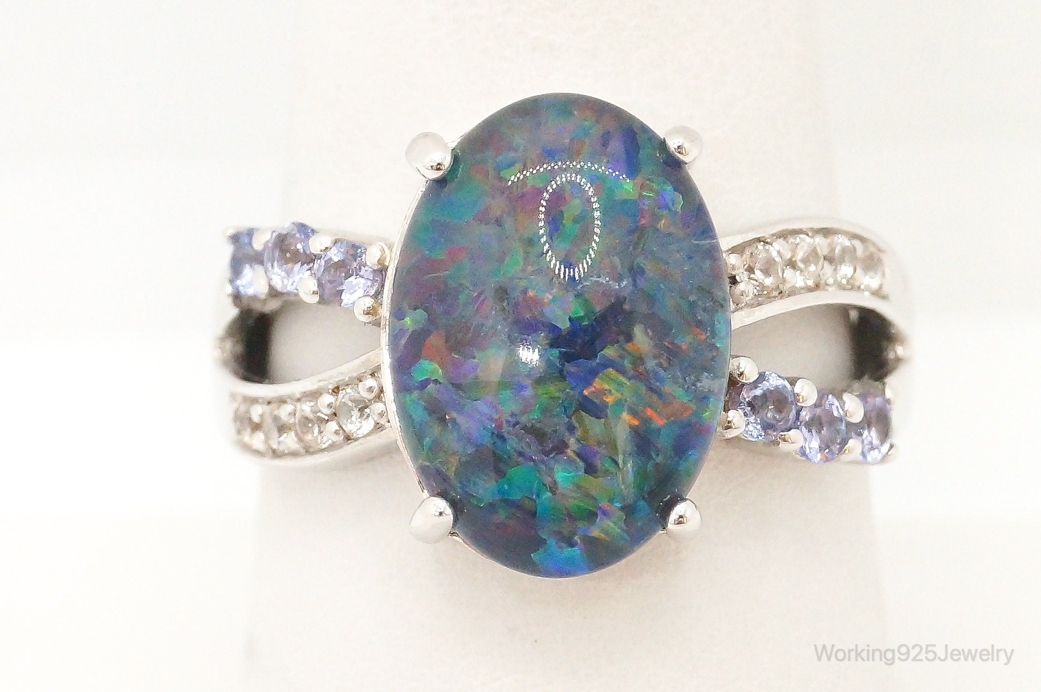 Designer BBJ Opal Iolite Cubic Zirconia Sterling Silver Ring Size 8