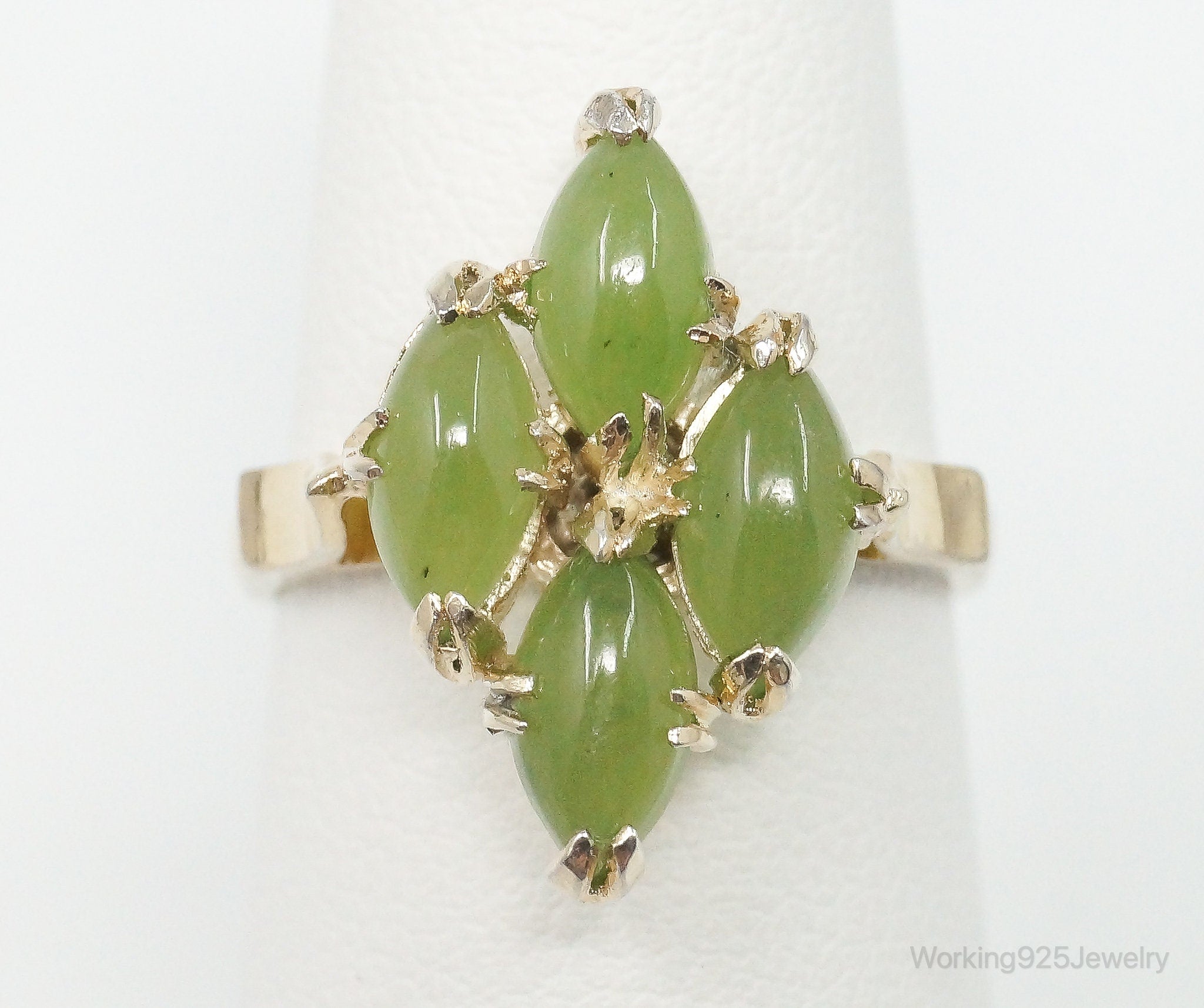 Antique Prehnite Art Deco Gold Vermeil Sterling Silver Ring - Size 5.75