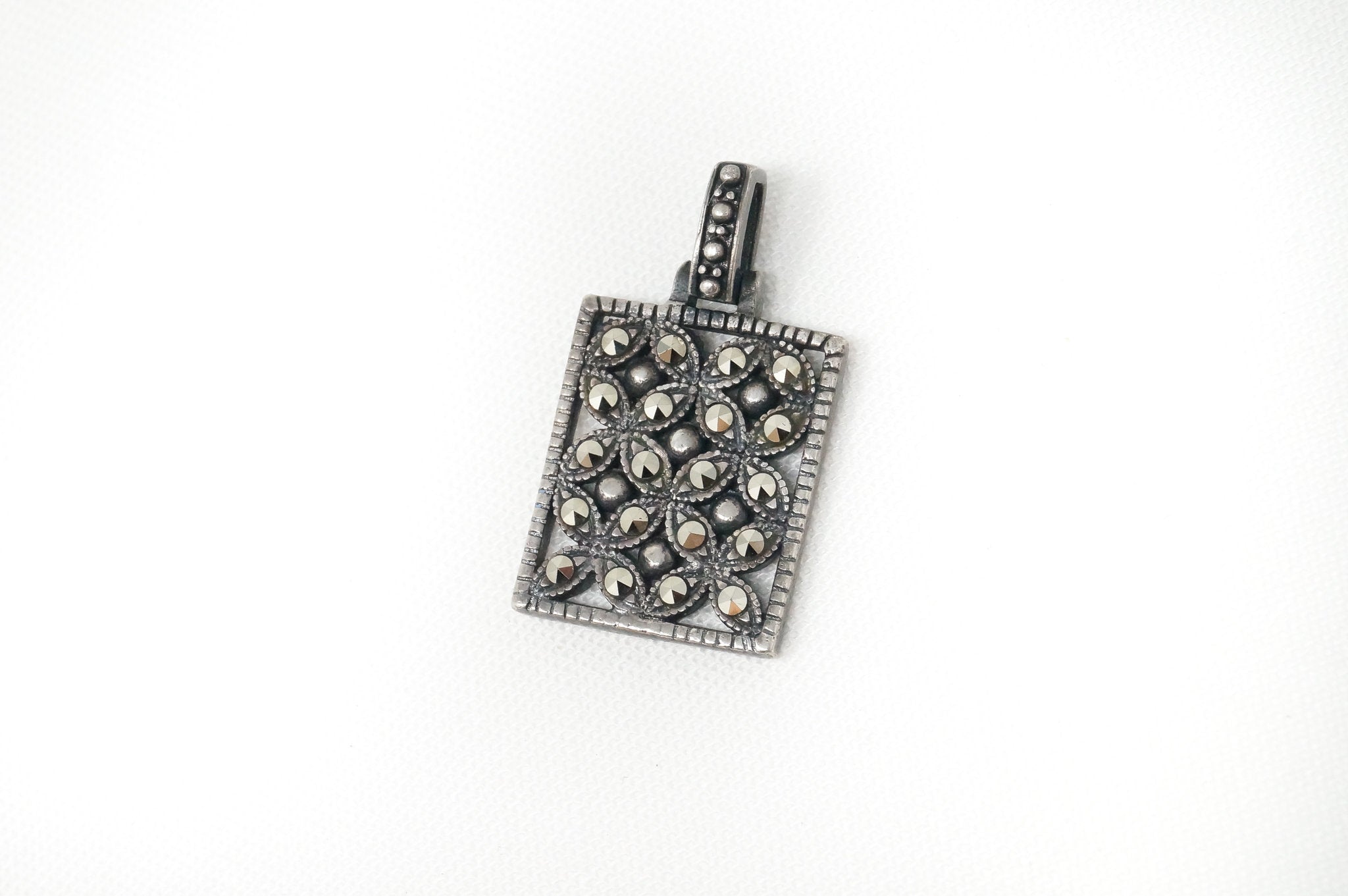 Vintage Designer BOMA Marcasite Sterling Silver Square Necklace Pendant