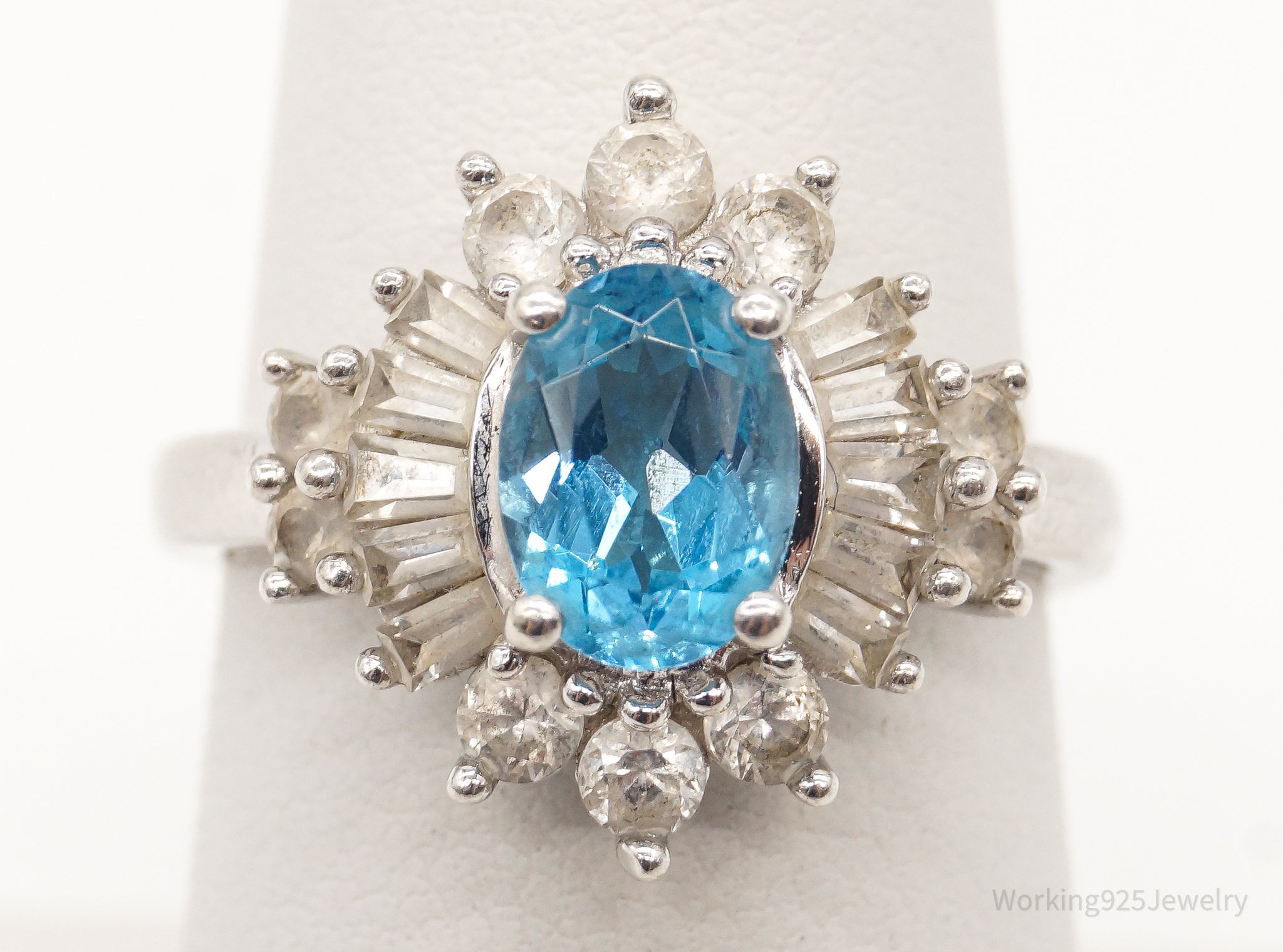 Vintage Blue Topaz Cubic Zirconia Sterling Silver Ring - Size 6.75