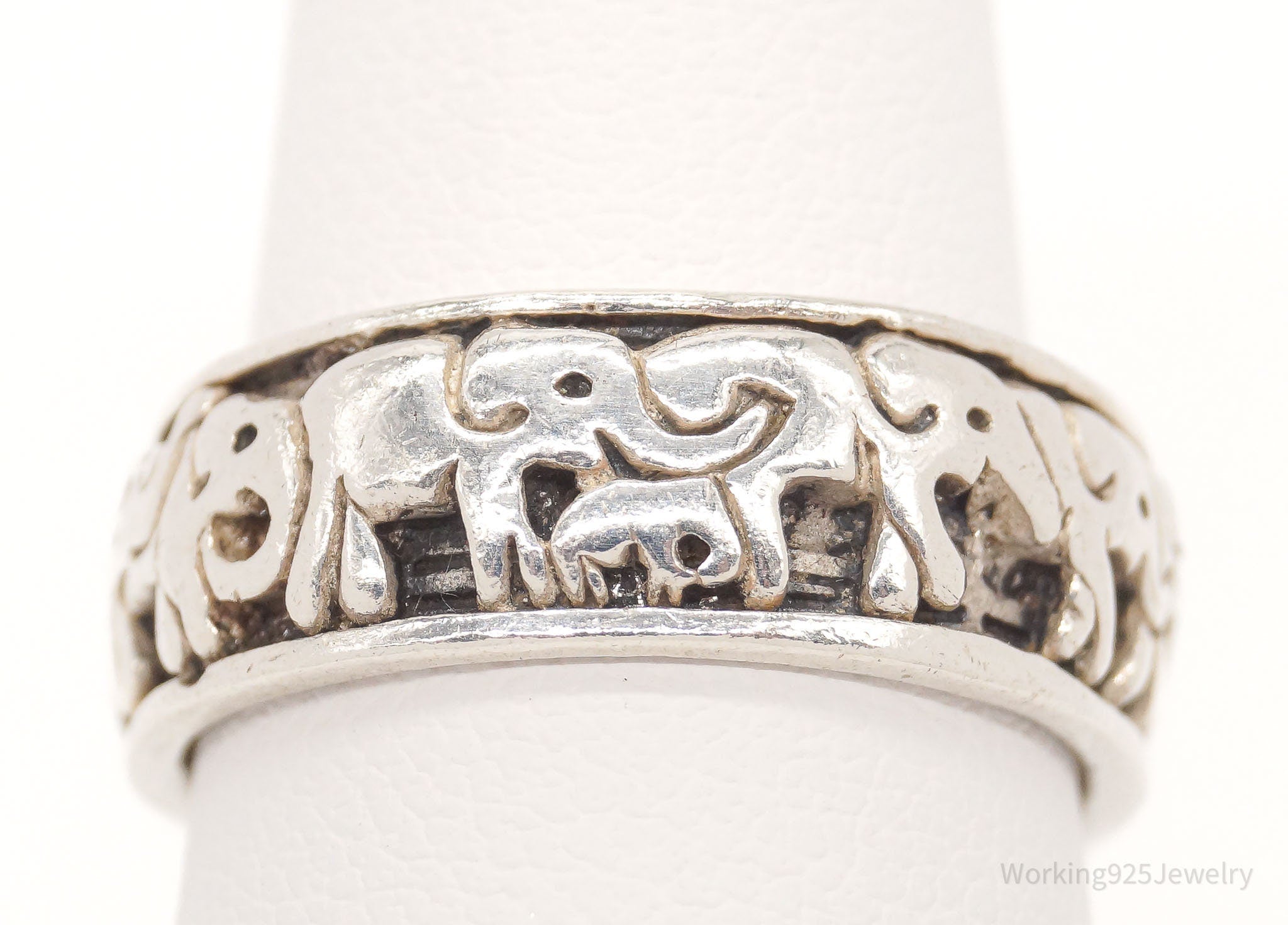 Vintage Elephant Family Good Fortune Sterling Silver Band Ring - Size 6.75