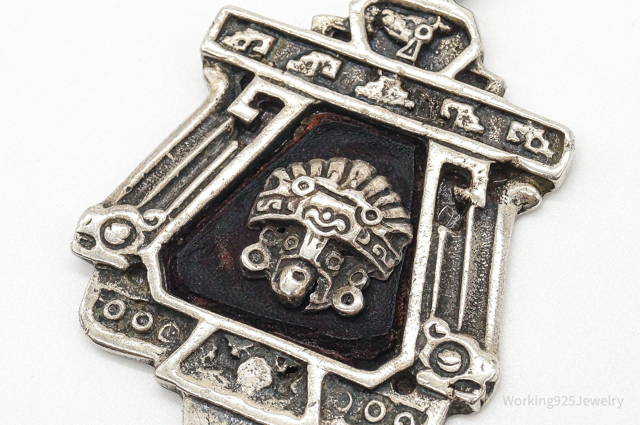 RARE Large Mexico Designer Aduna Aztec Leather Sterling Silver Pendant