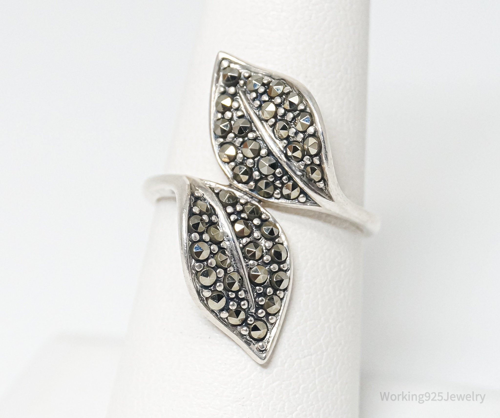 Vintage Floral Marcasite Leaf Wrap Plant Lover Sterling Silver Ring - Sz 7