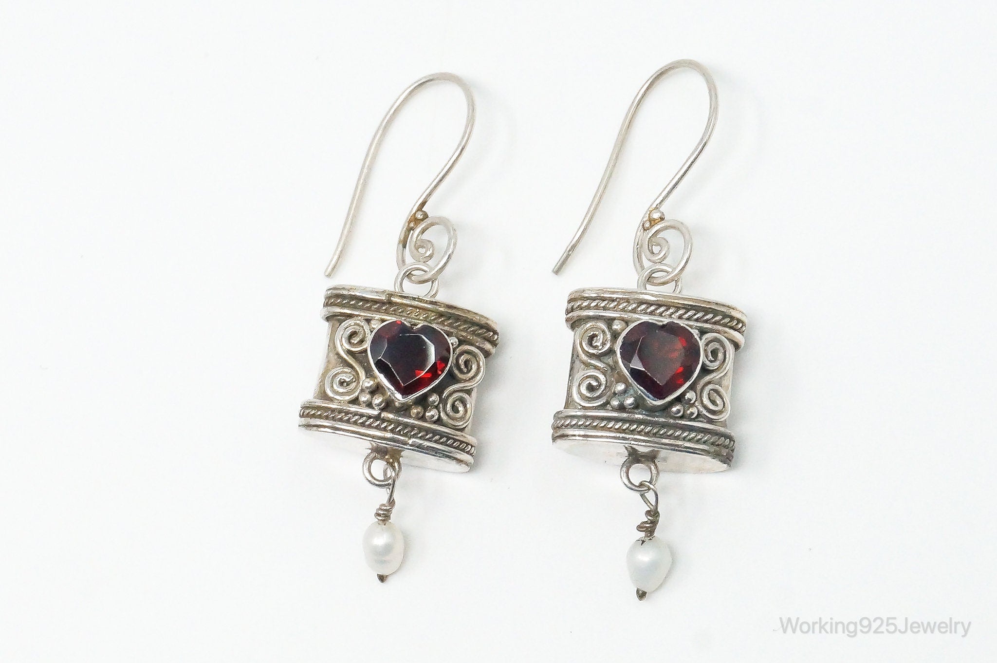 Vintage Garnet Heart Pearl Bali Inspired Sterling Silver Earrings