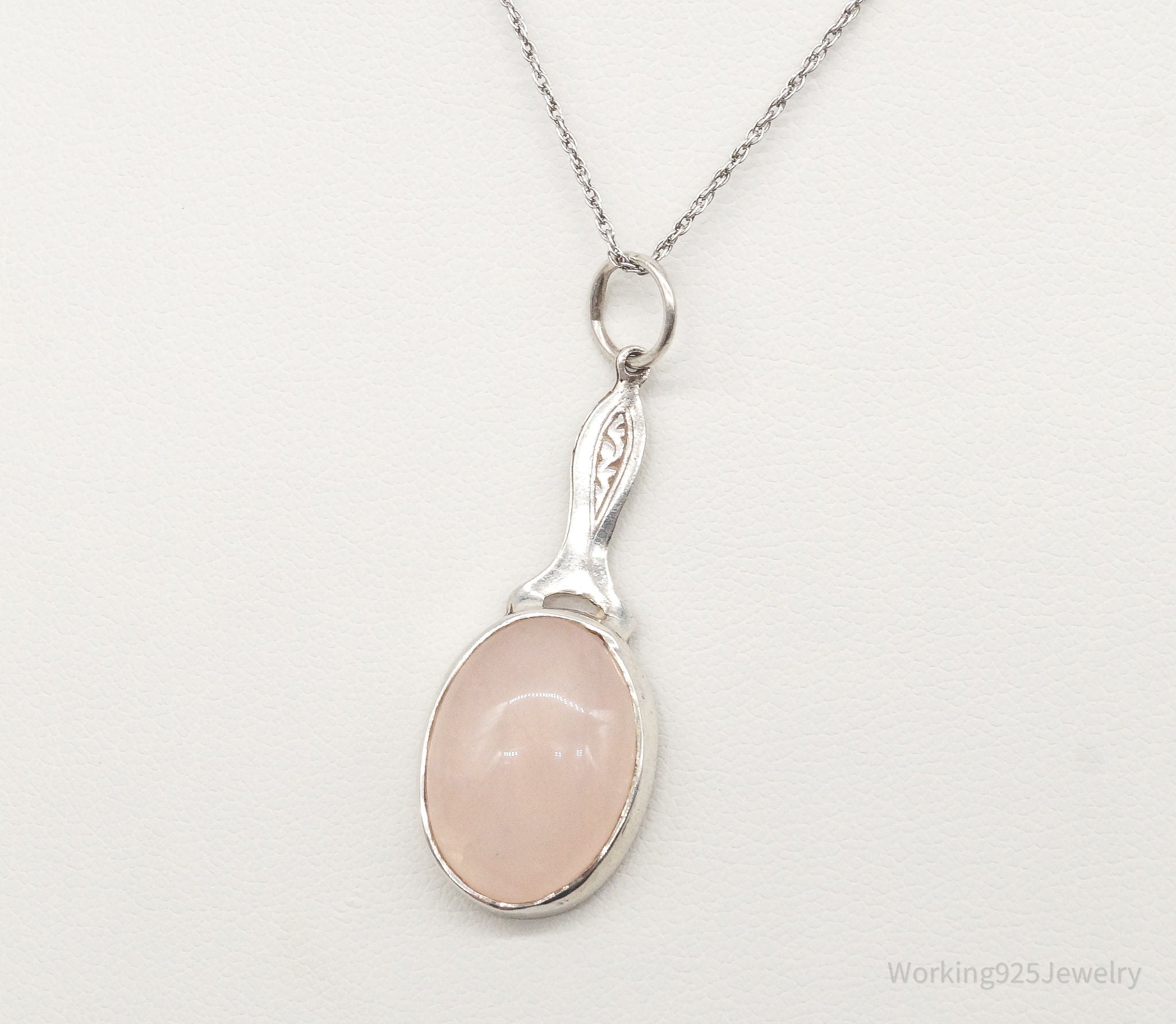 Antique Rose Quartz Vanity Mirror Sterling Silver Necklace