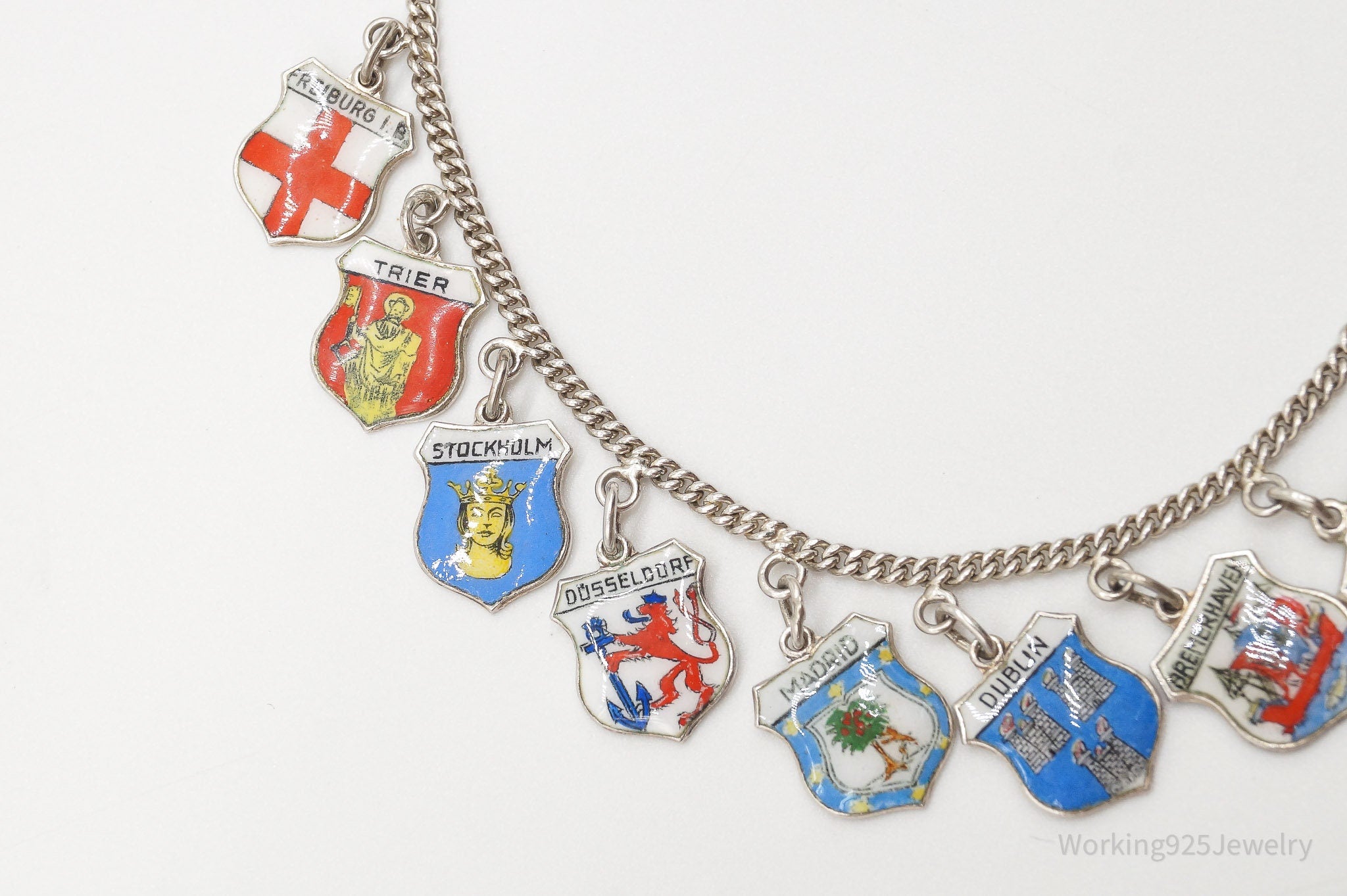 Antique Vintage Enamel Travel 800 / 835 Silver Charms Silver Bracelet