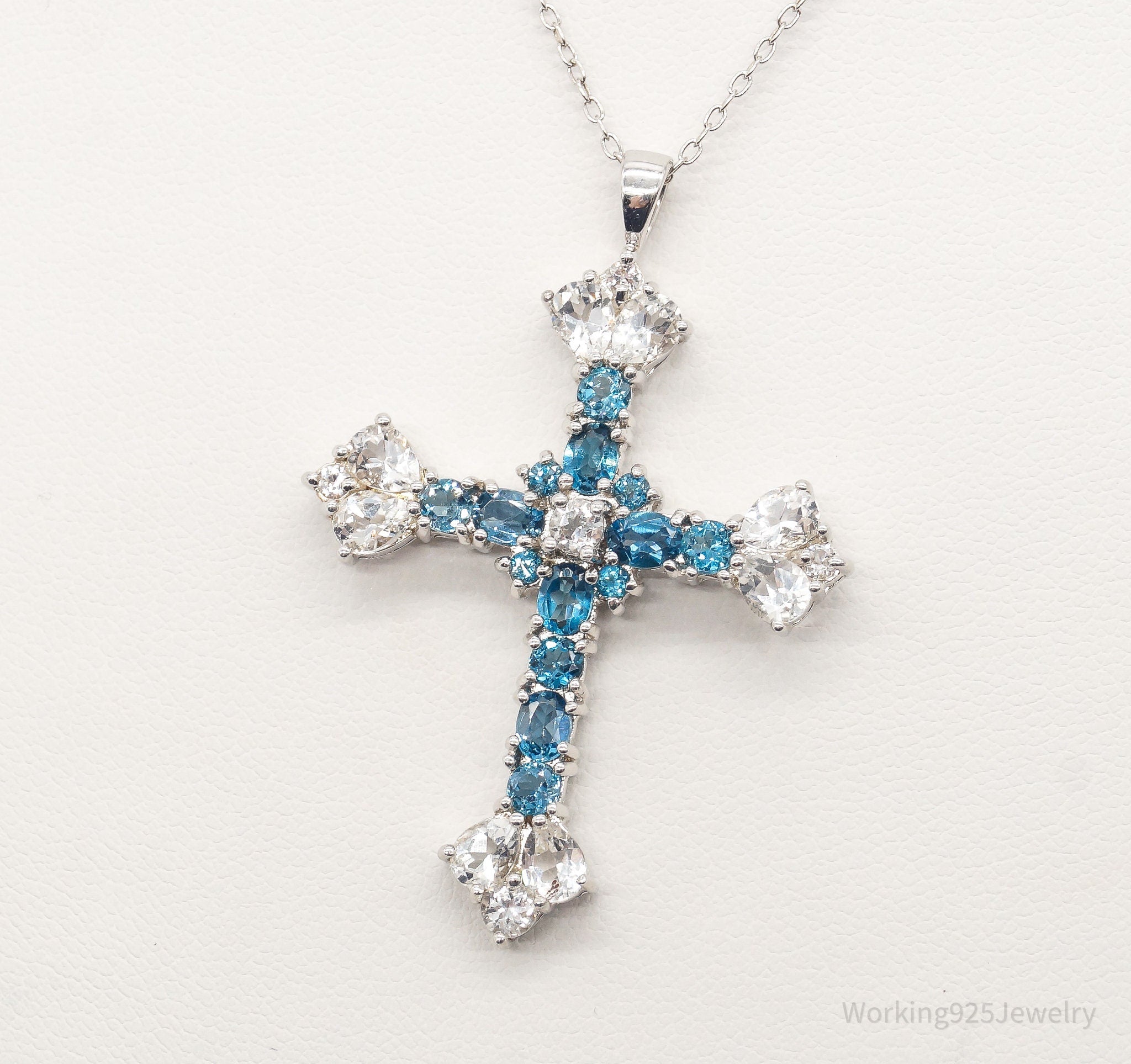 Vintage Blue Topaz Cubic Zirconia Cross Sterling Silver Necklace