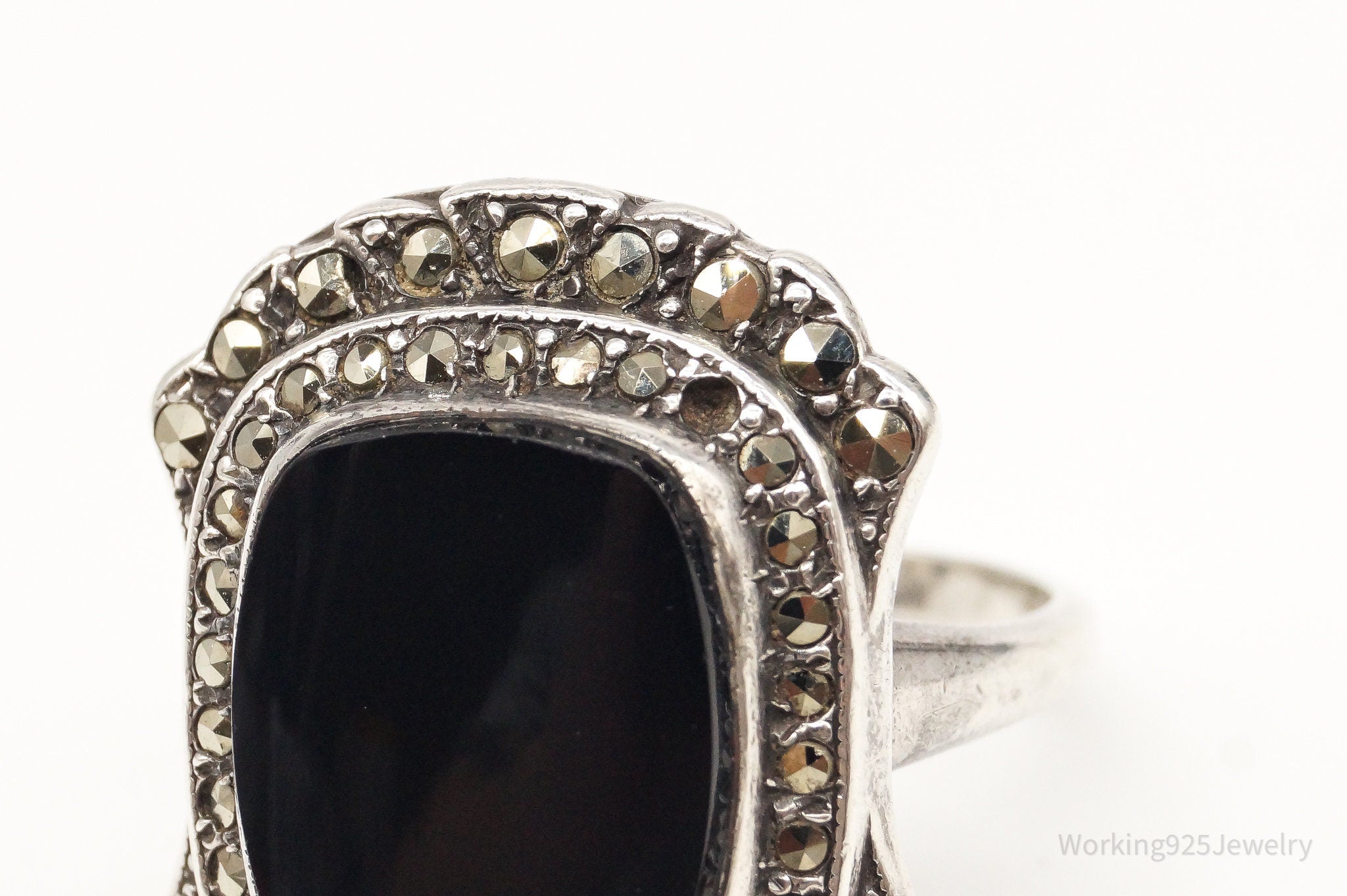 Antique Black Onyx Marcasite Sterling Silver Ring SZ 7.75