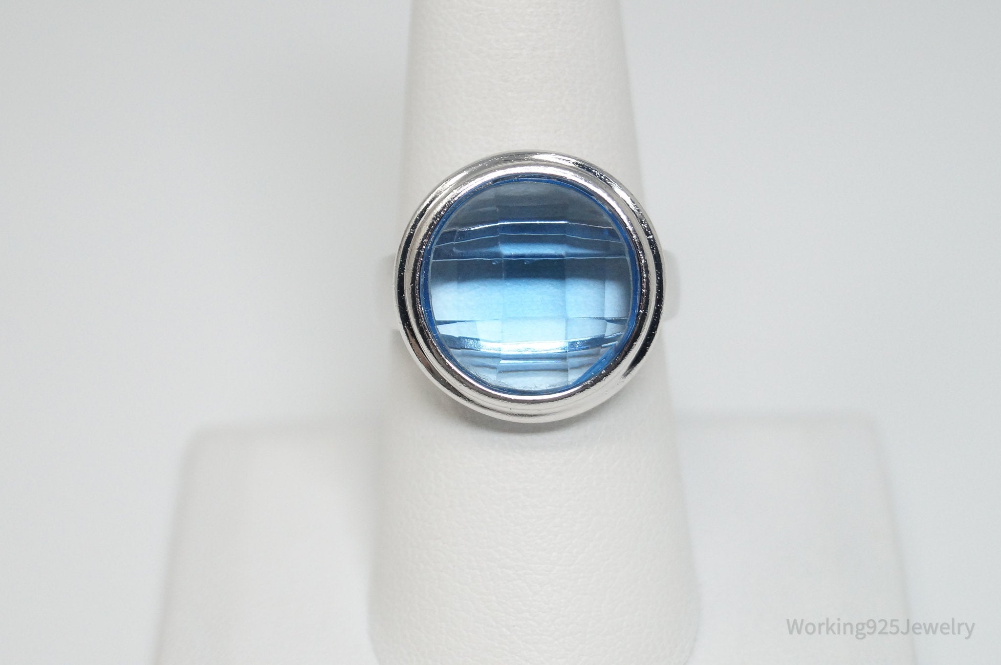 Vintage Checkerboard Blue Topaz Sterling Silver Ring - Sz 7.75