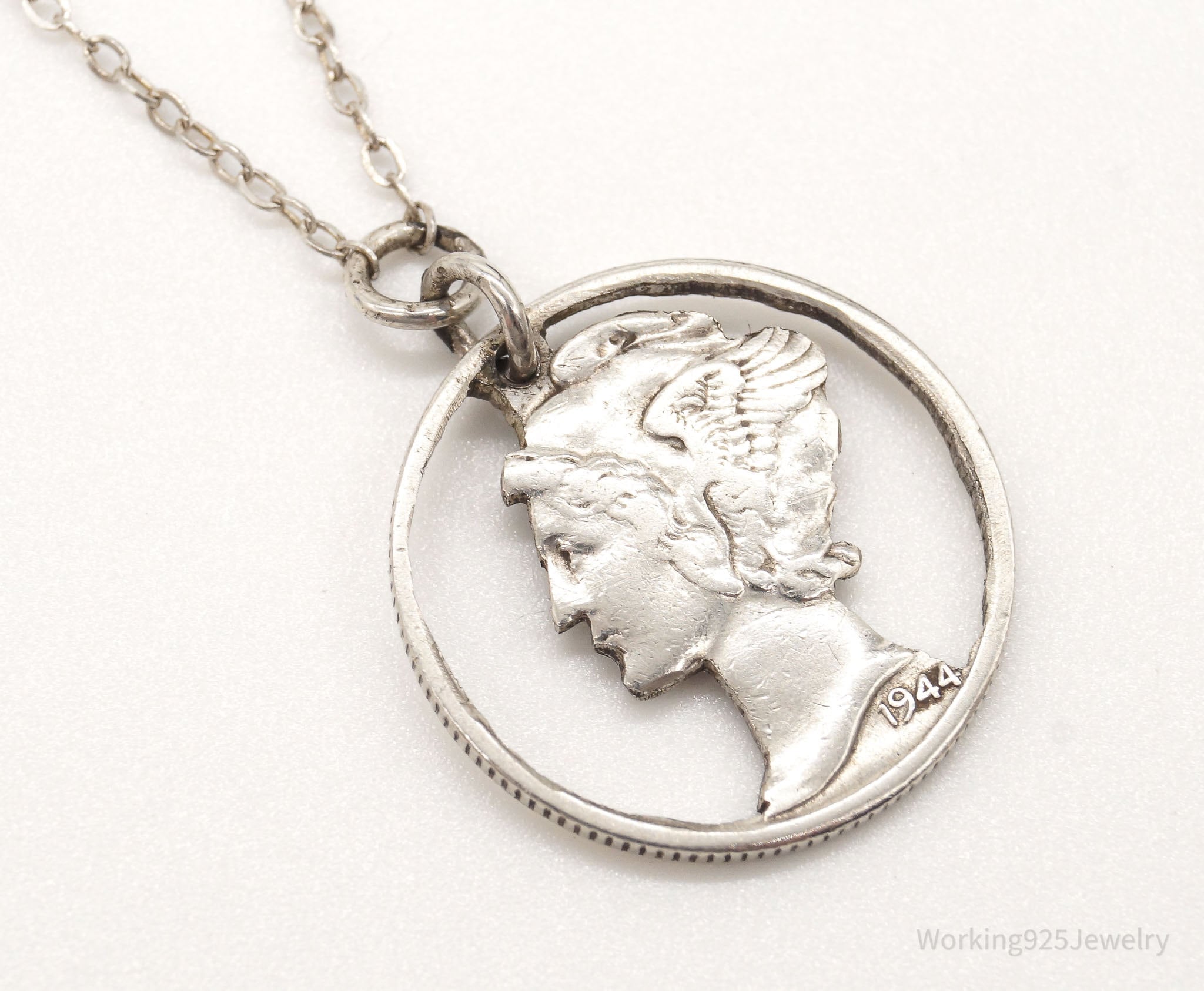 Vintage 1944 Mercury Dime Coin Cut Out Pendant - Sterling Silver Chain Necklace