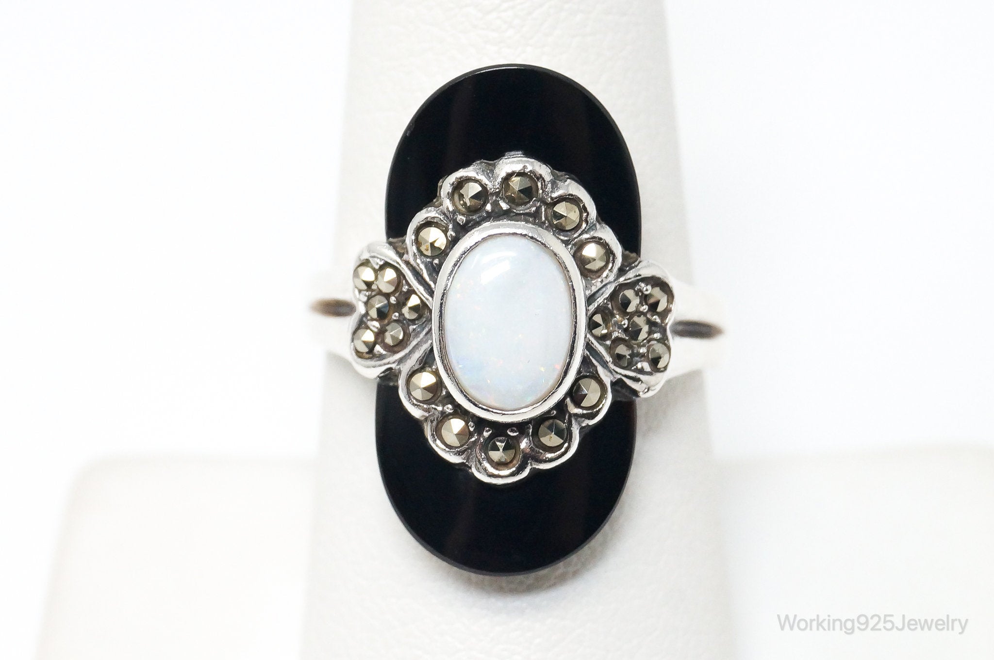 Designer Chapal-Zenray Opal Black Onyx Marcasite Sterling Silver Ring SZ 8