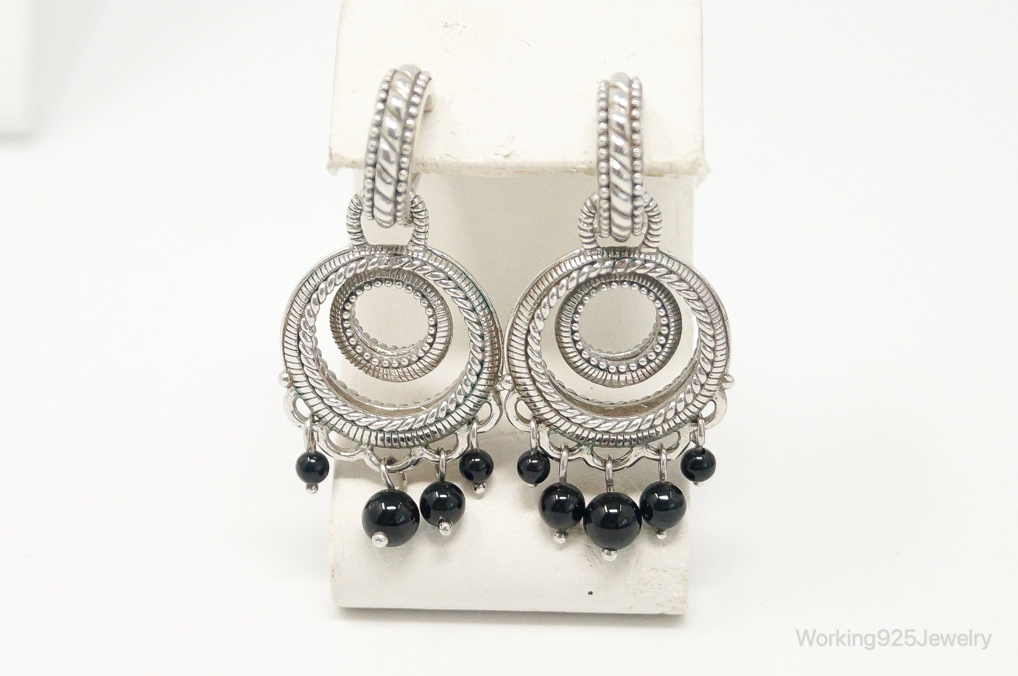 Designer Judith Ripka Black Onyx Cable Sterling Silver Earrings