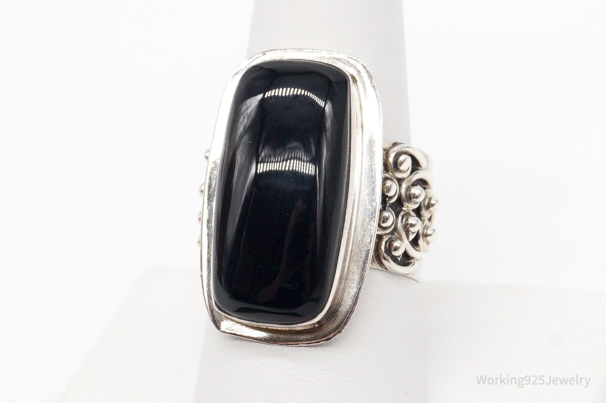 Vintage India Designer VS Black Onyx Sterling Silver Ring - Size 9.25