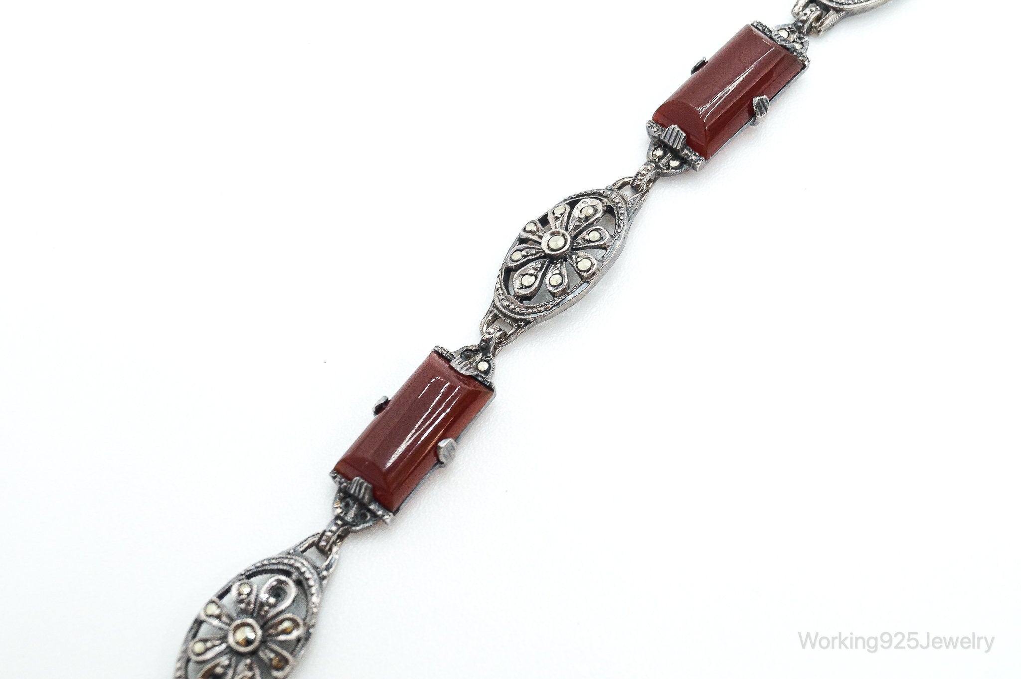 Antique Carnelian Marcasite Sterling Silver Bracelet