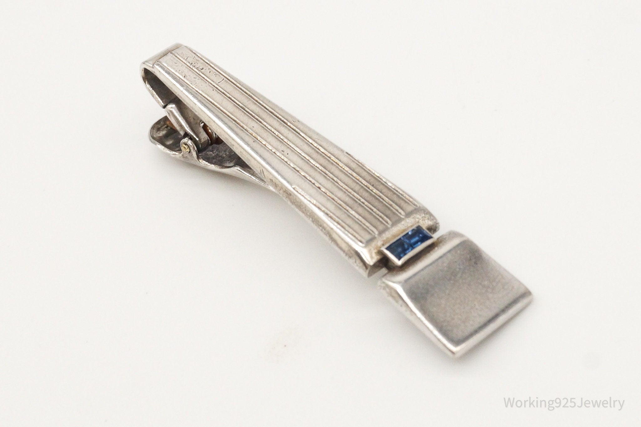 Vintage Designer Anson Blue Glass Stone Sterling Silver Tie Bar Clip