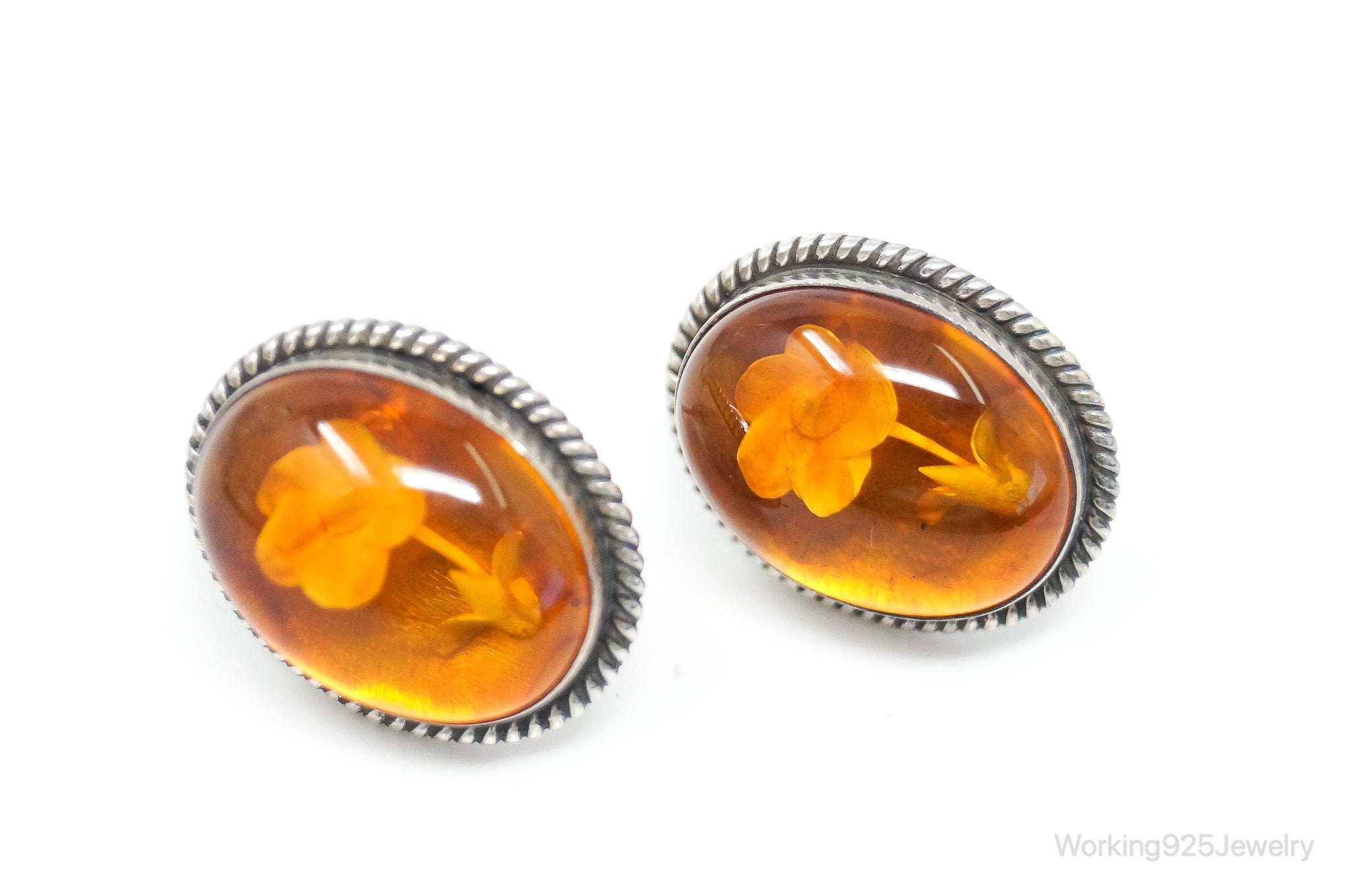 Vintage Designer Merav Flower Cameo Amber Sterling Silver Earrings