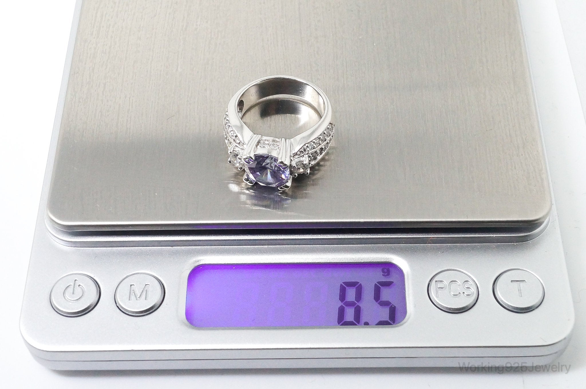 Vintage Designer CWE Purple & White Cubic Zirconia Sterling Silver Ring SZ 7