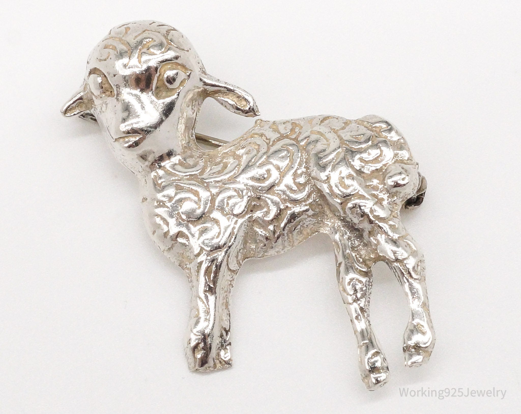 Antique Lamb Sheep Sterling Silver Brooch Pin