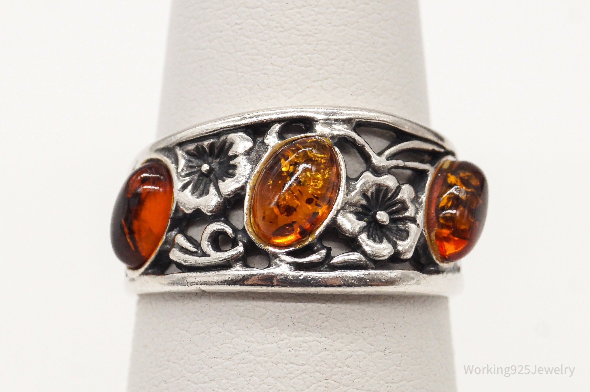 Vintage Baltic Amber Flowers Vines Sterling Silver Ring - Size 6.25