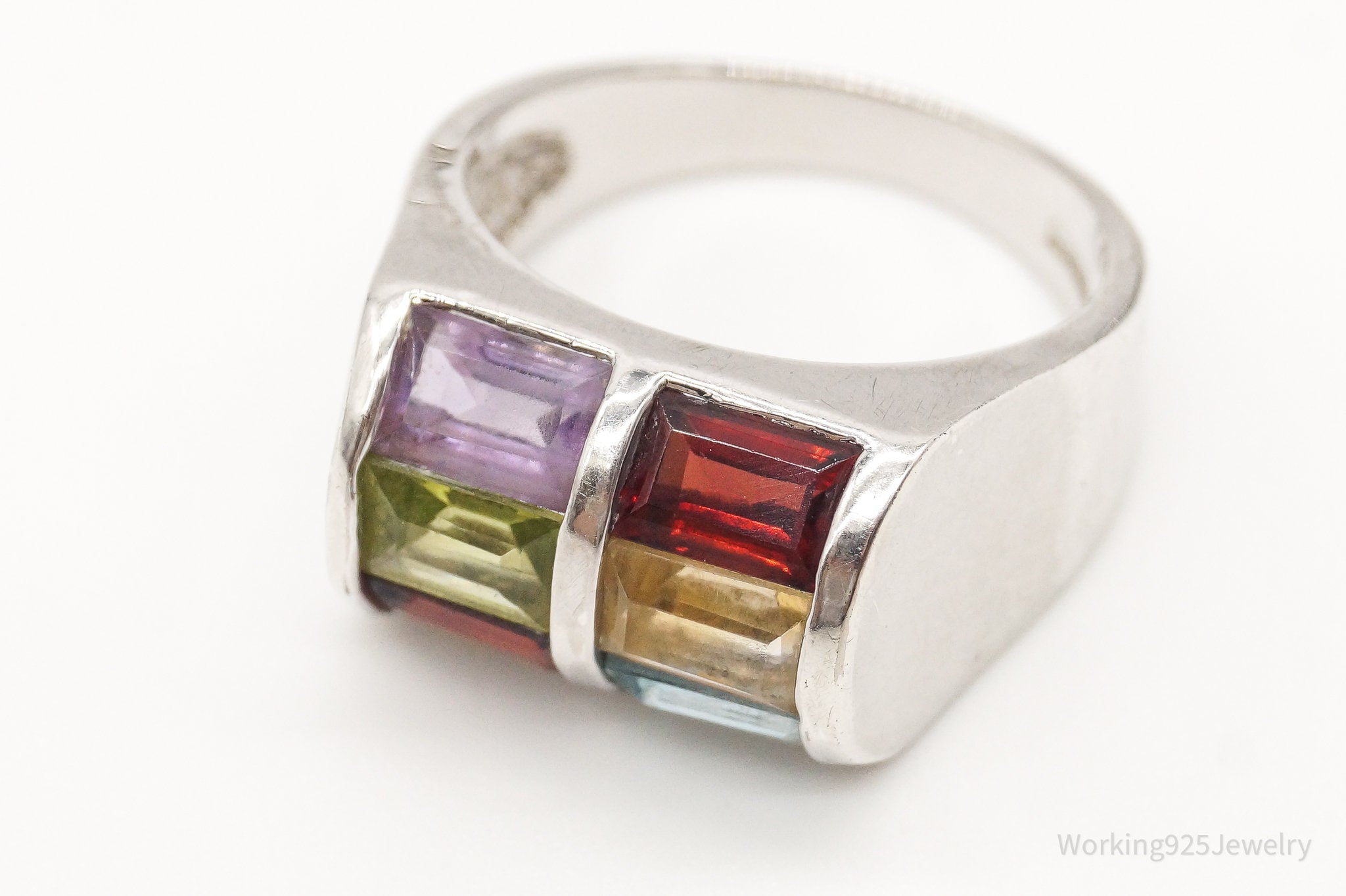 Vintage Art Deco Multi Gemstone Sterling Silver Ring - Size 7.75