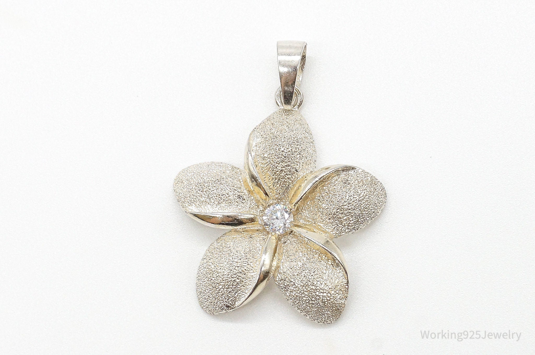 Large Vintage Cubic Zirconia Flower Sterling Silver Pendant