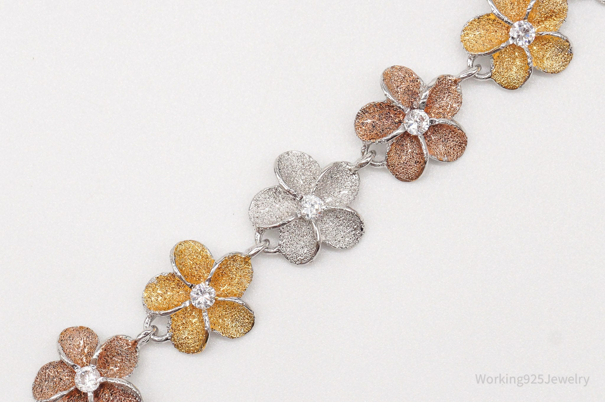 Vintage Cubic Zirconia Flowers Sterling Silver Three Tone Bracelet