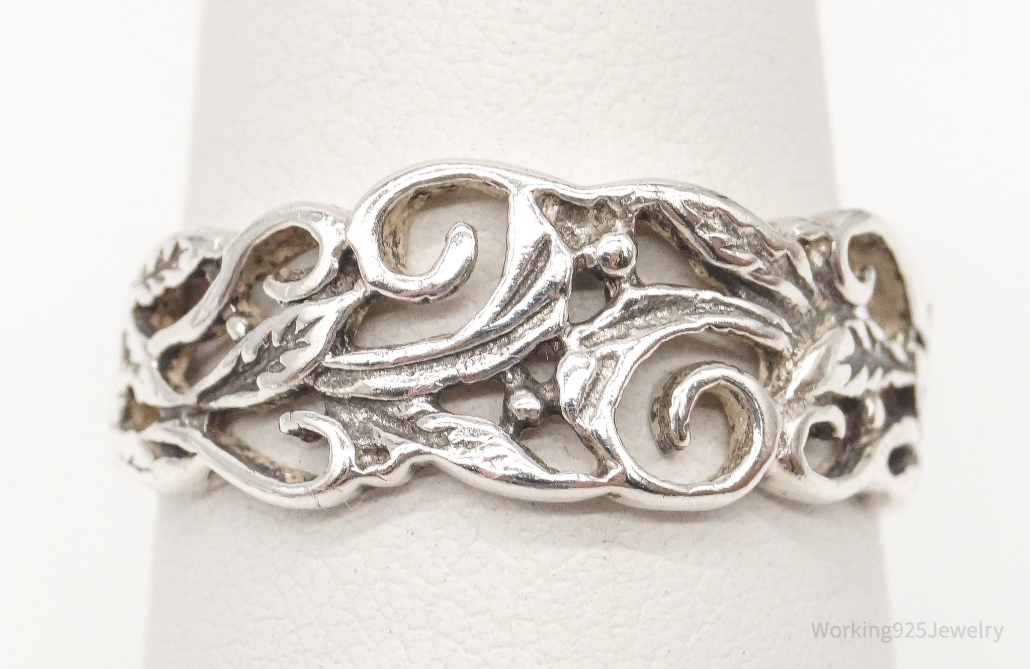 Vintage Flower Band Sterling Silver Ring Size 7.25