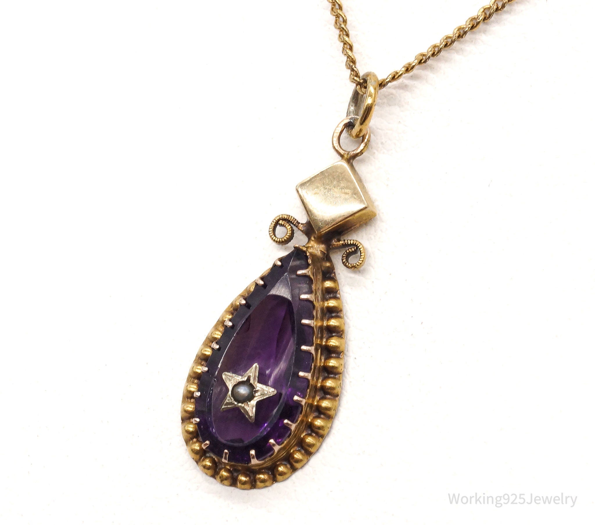 Vintage Amethyst Glass Seed Pearl Antique Style Gold Vermeil Necklace