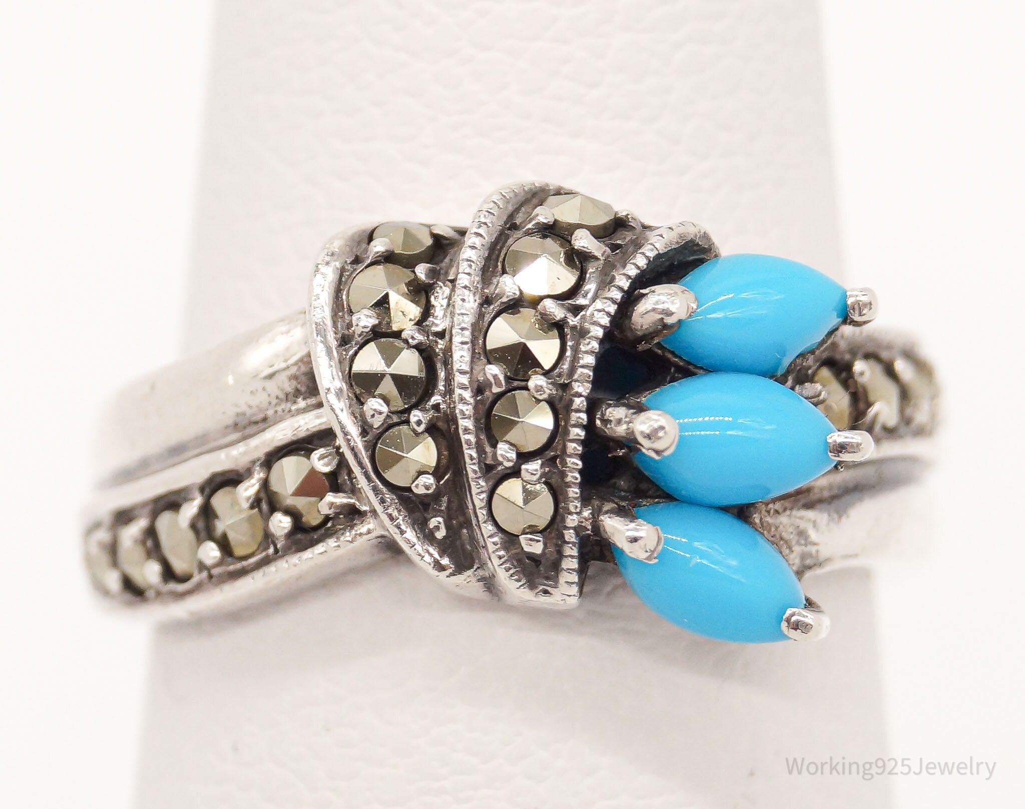 Vintage Art Deco Turquoise Marcasite Silver Ring - Size 4.75