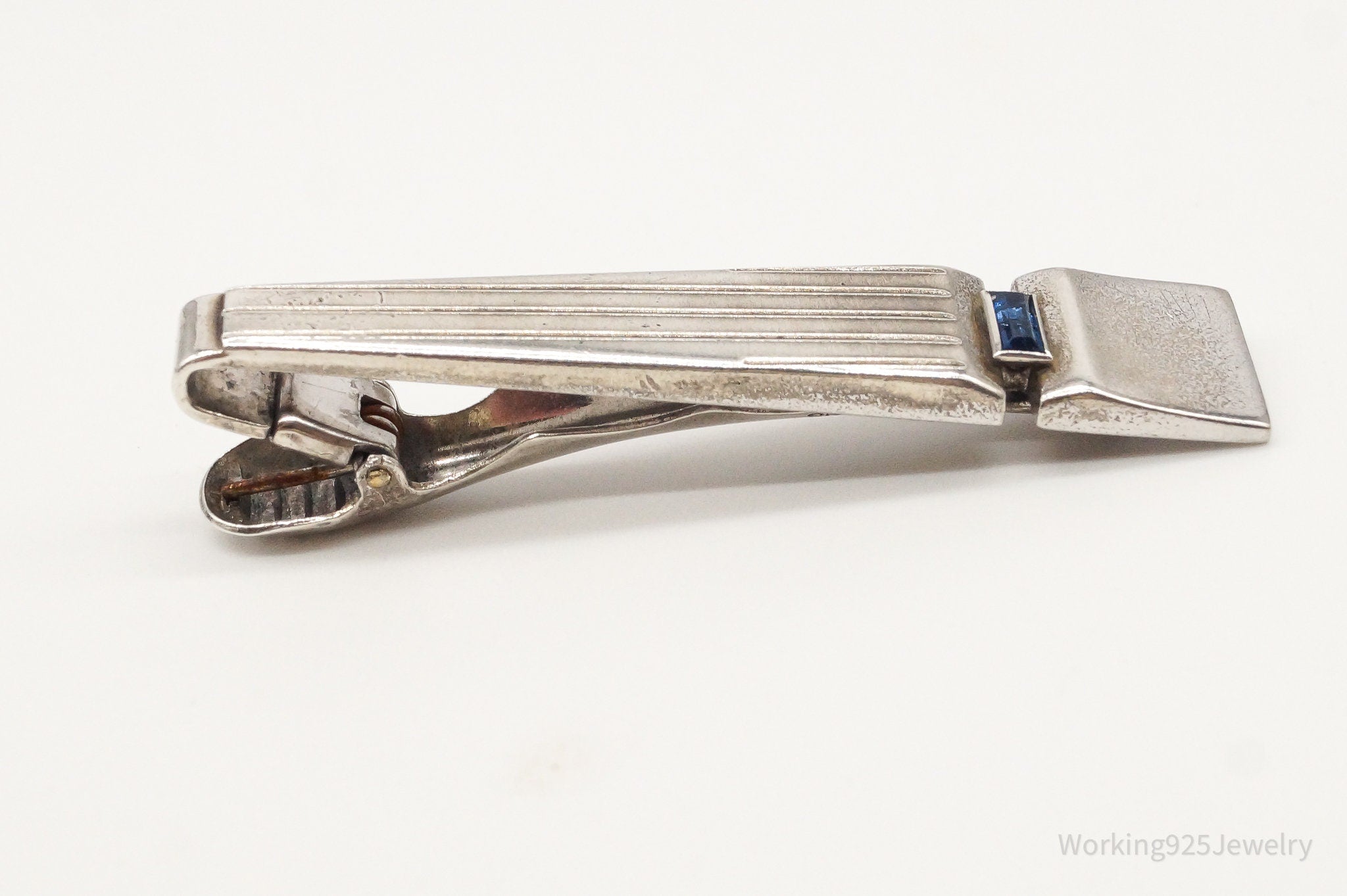 Vintage Designer Anson Blue Glass Stone Sterling Silver Tie Bar Clip