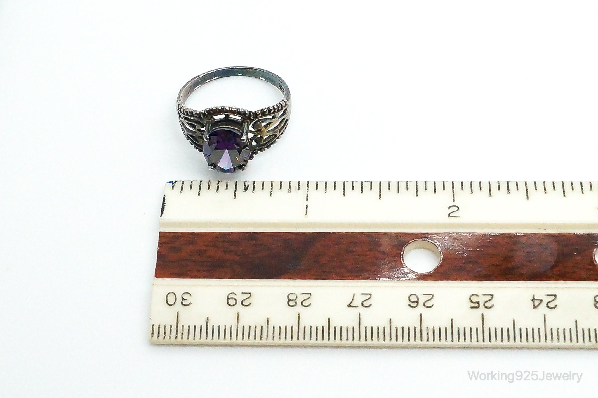 Vintage Amethyst Oxidized Sterling Silver Ring - Size 9