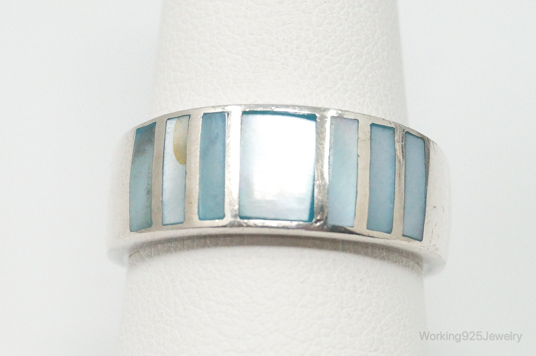 Vintage Blue Mother Of Pearl Sterling Silver Ring - Size 8.75