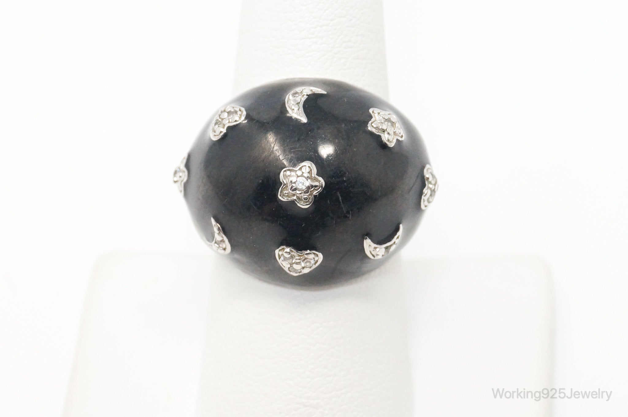 Vintage Designer CSF Black CZ Stars Moons Hearts Sterling Silver Ring - Size 8