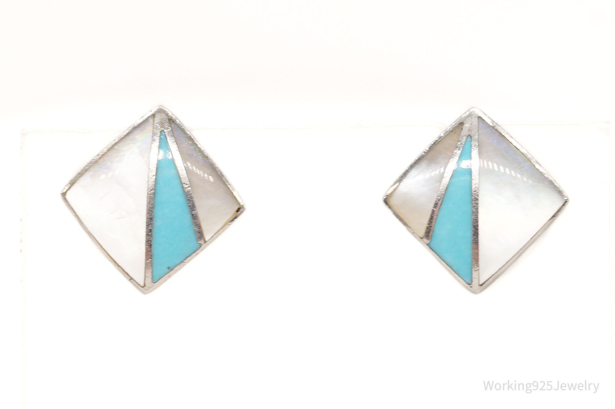 Vintage 90s Designer Acleoni Mother Of Pearl Turquoise Sterling Silver Earrings