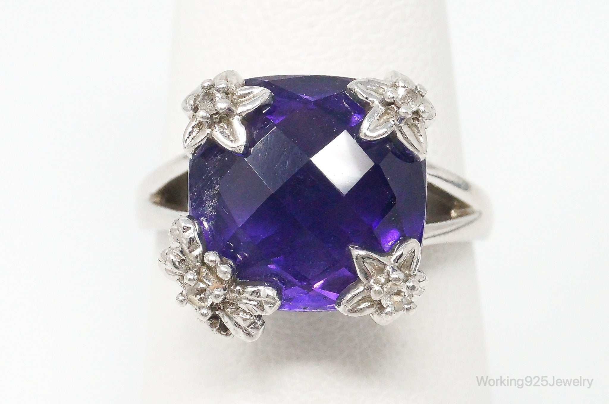 Vintage Large Amethyst Cubic Zirconia Sterling Silver Ring Size 7.25