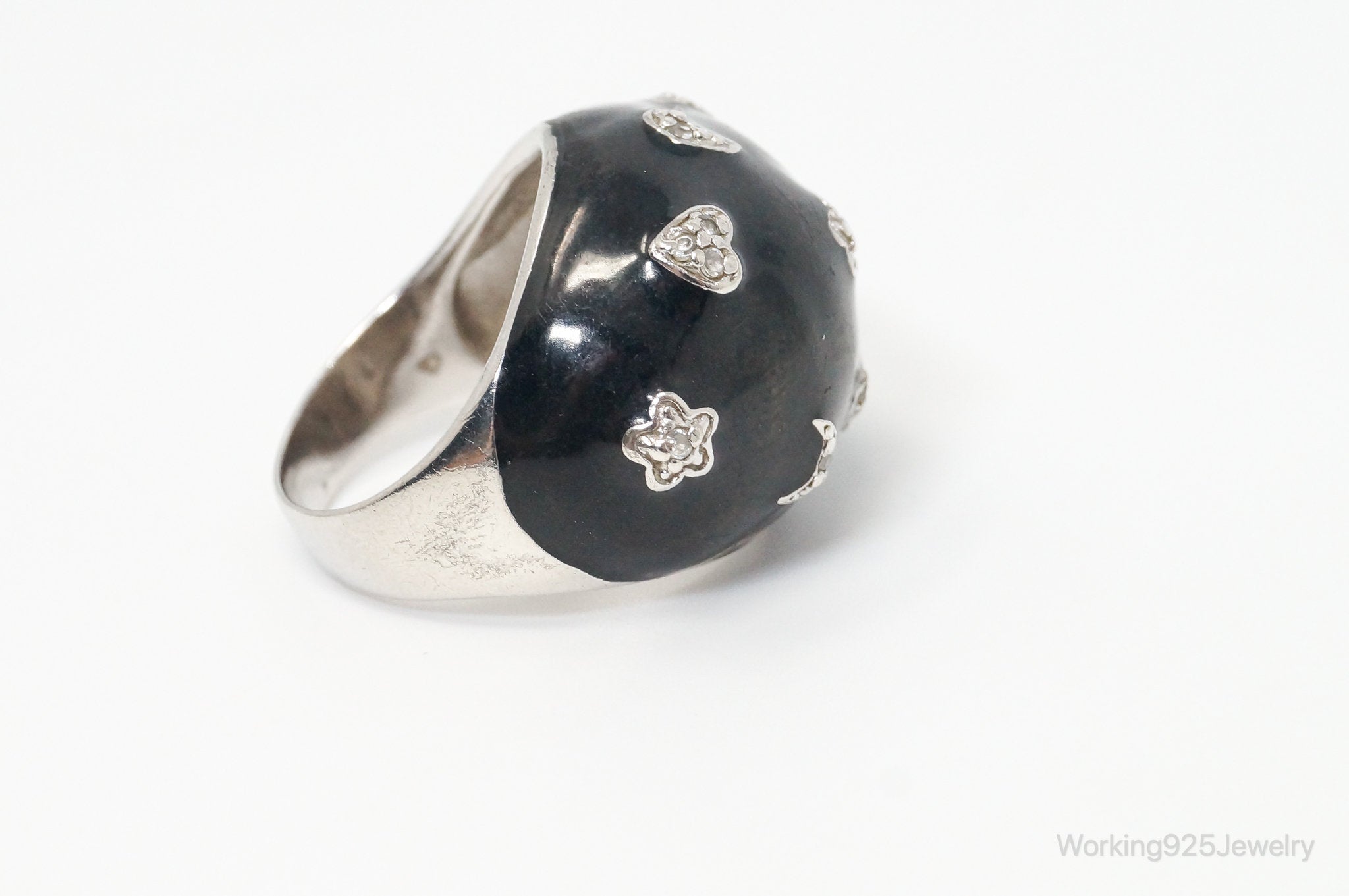 Vintage Designer CSF Black CZ Stars Moons Hearts Sterling Silver Ring - Size 8