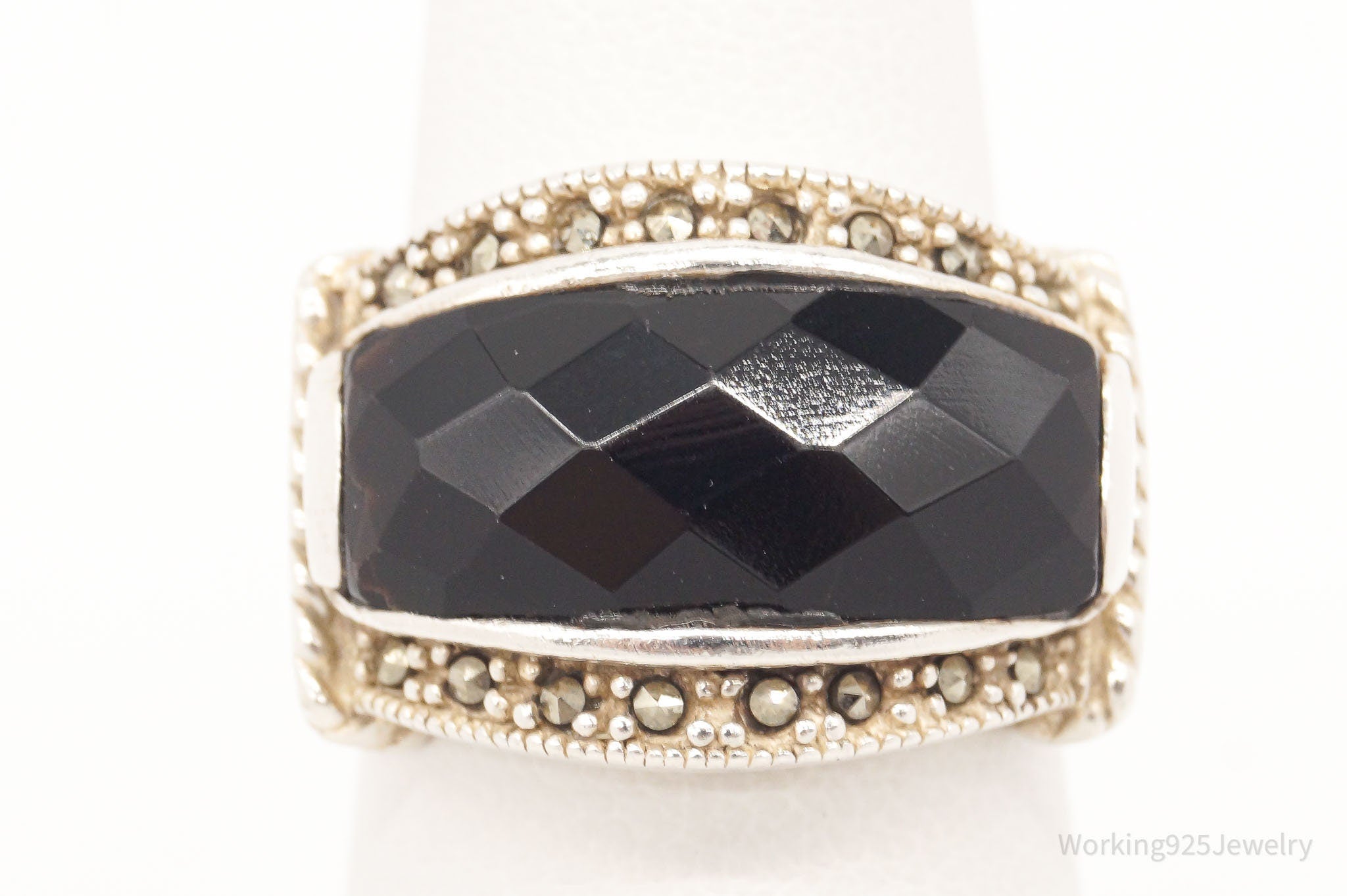 Vintage Art Deco Style Marcasite Black Onyx Sterling Silver Ring - SZ 5.75