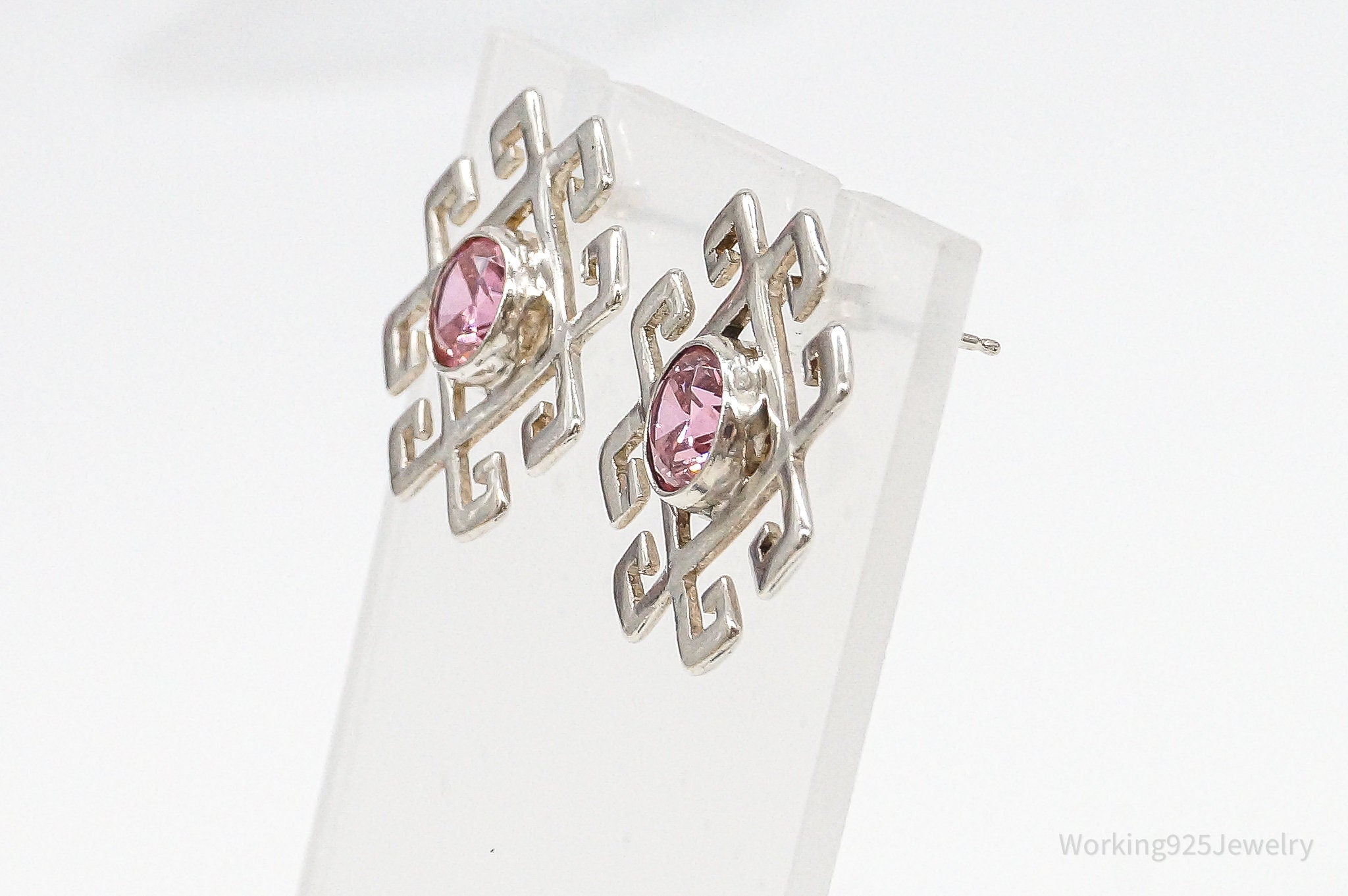 Large Vintage Pink Cubic Zirconia Sterling Silver Earrings