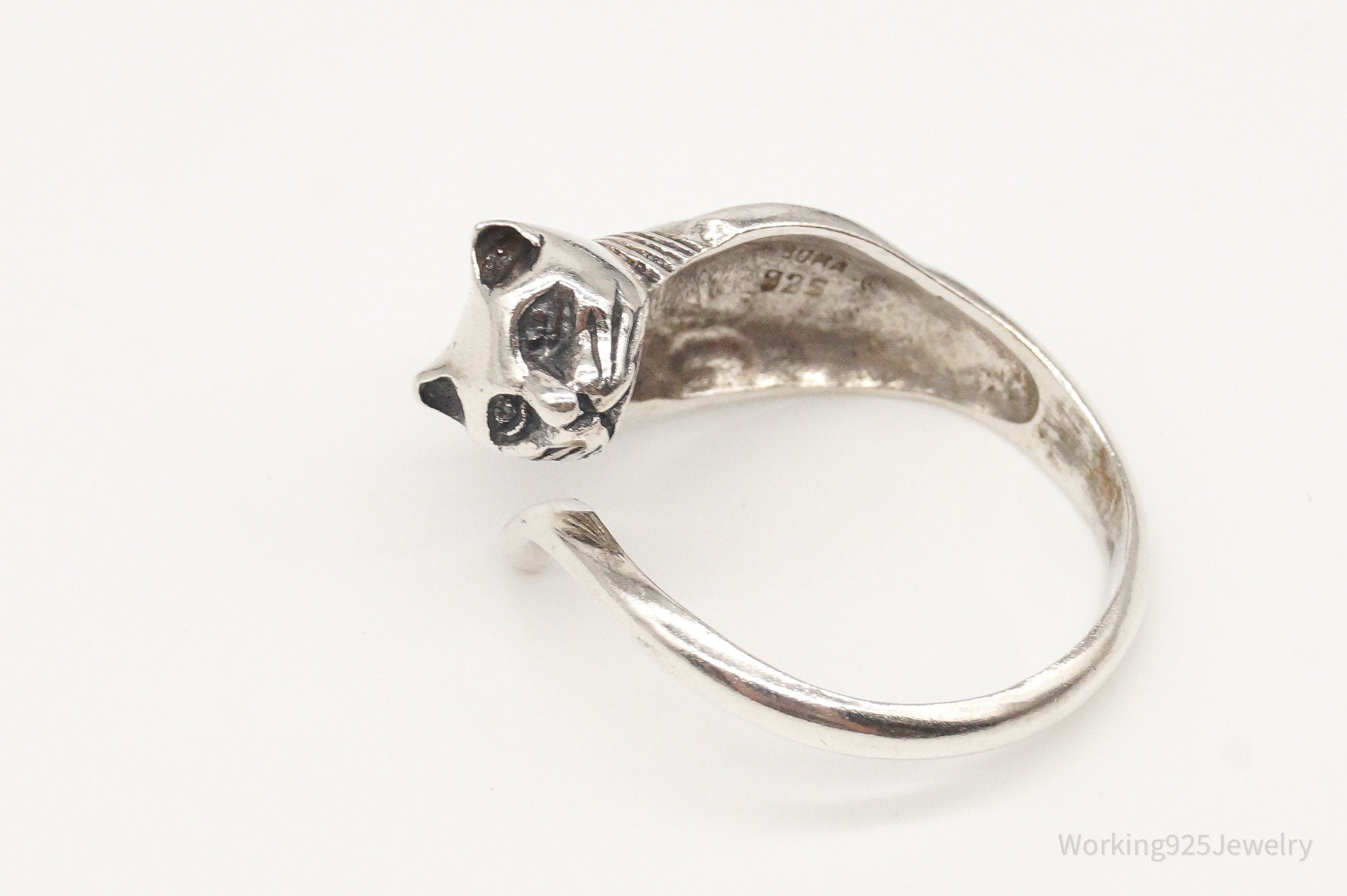 Vintage Designer BOMA Cat Kitty Kitten Sterling Silver Ring - Size 8.25 Adj.